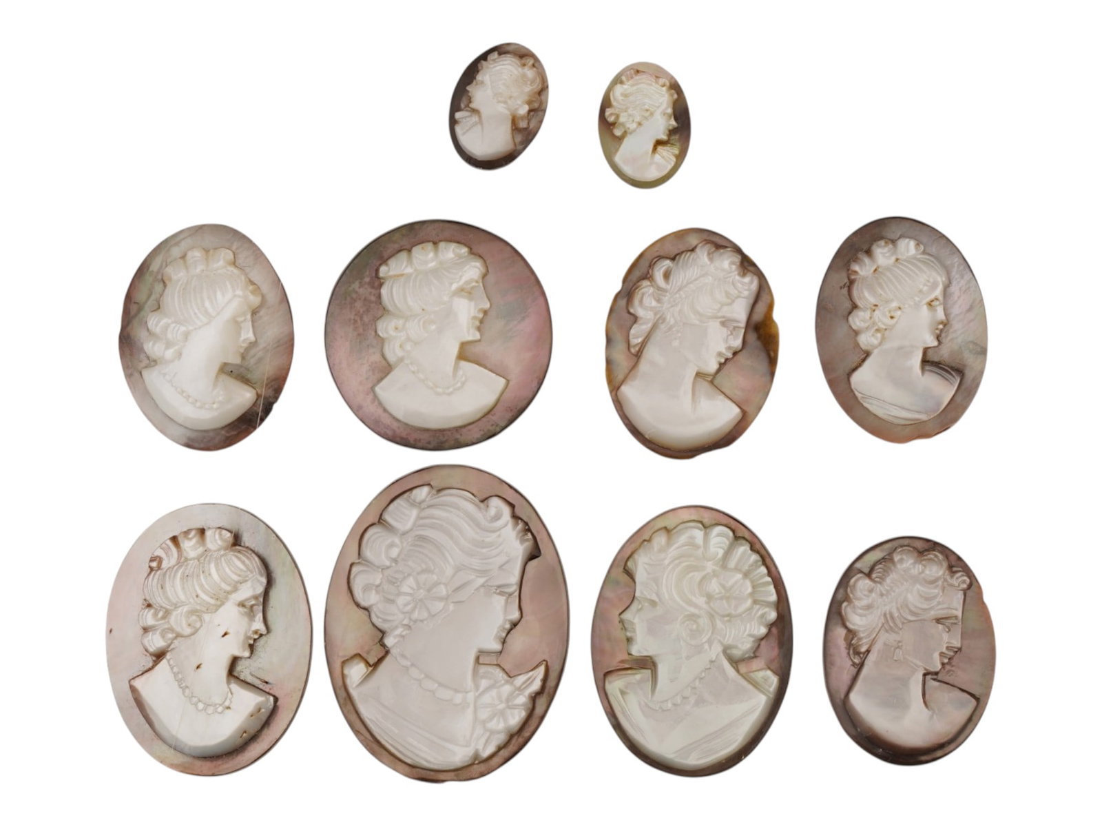 COLLECTION OF FEMALE PORTRAIT CARVED SHELL CAMEOS: A collection of ten hand carved cameo medallions. Each piece is crafted from a conch shell and depicts female portraits in the Victorian manner rendered in high relief. The cameos are presented in ova