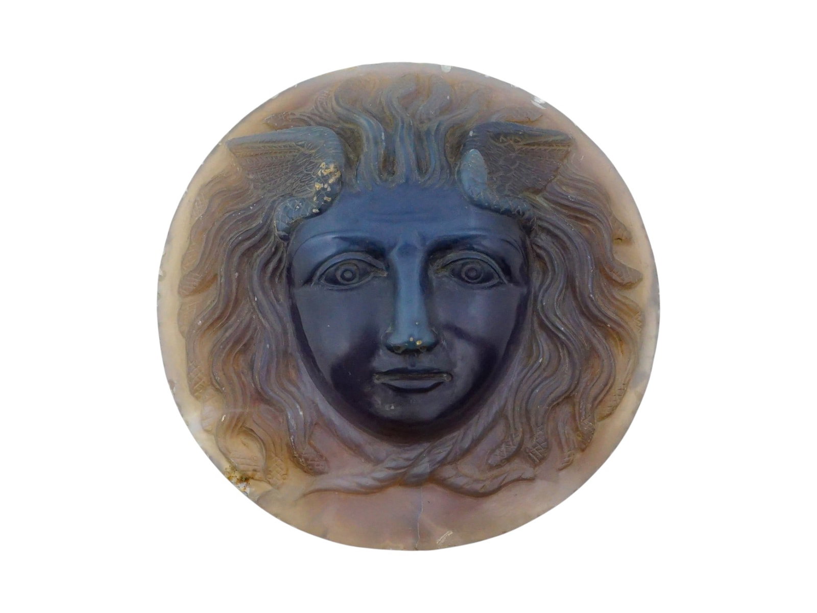 ANTIQUE ITALIAN CHALCEDONY CAMEO OF MEDUSA GORGO: A fine antique Italian beautifully detailed hand-carved chalcedony stone cameo, a round plaque depicting the Greek Medusa. Most likely 18th century. Medusa, also called Gorgo, is an Ancient Greek myth