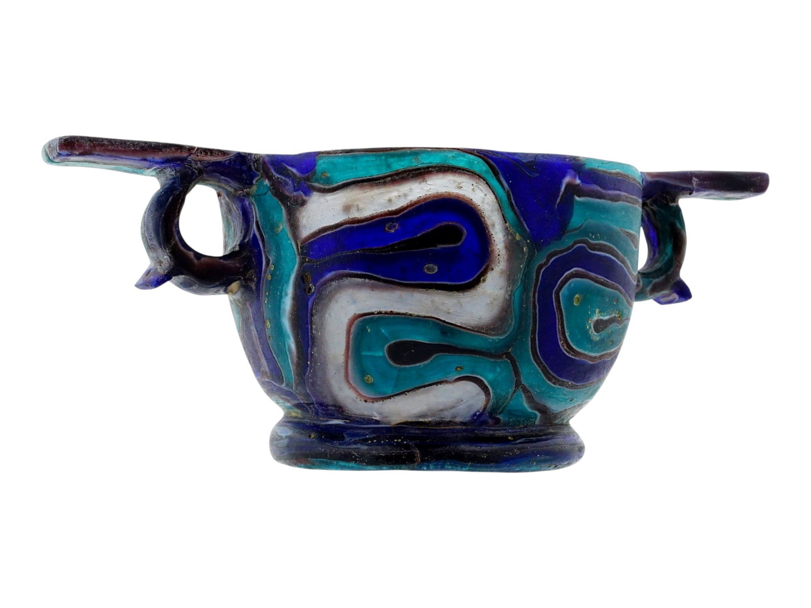 ANTIQUE GRAND TOUR MOSAIC GLASS WINE GLASS SKYPHOS: An antique Grand Tour mosaic glass wine glass skyphos. The skyphos is modeled after an ancient Roman vessel with two ring handles and is decorated with an intricate mosaic pattern of shades of blue an