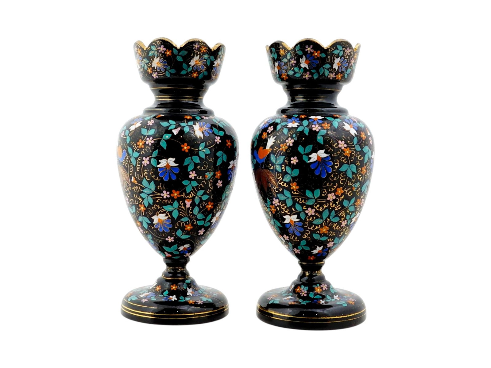 PAIR OF MOSER STYLE BIRDS FLOWERS GLASS ENAMEL VASES (1 of 10)