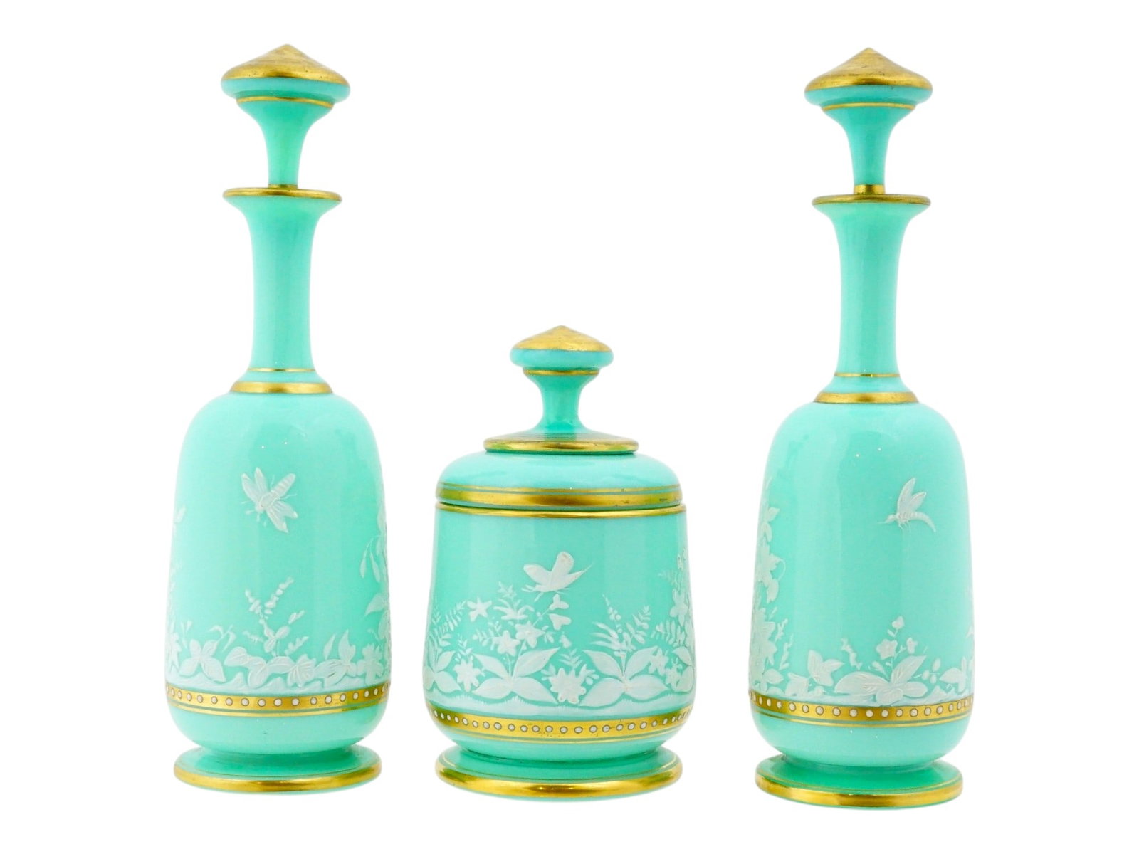 ANTIQUE OPALINE GLASS ENAMEL GARNITURE DE TOILETTE SET (1 of 19)