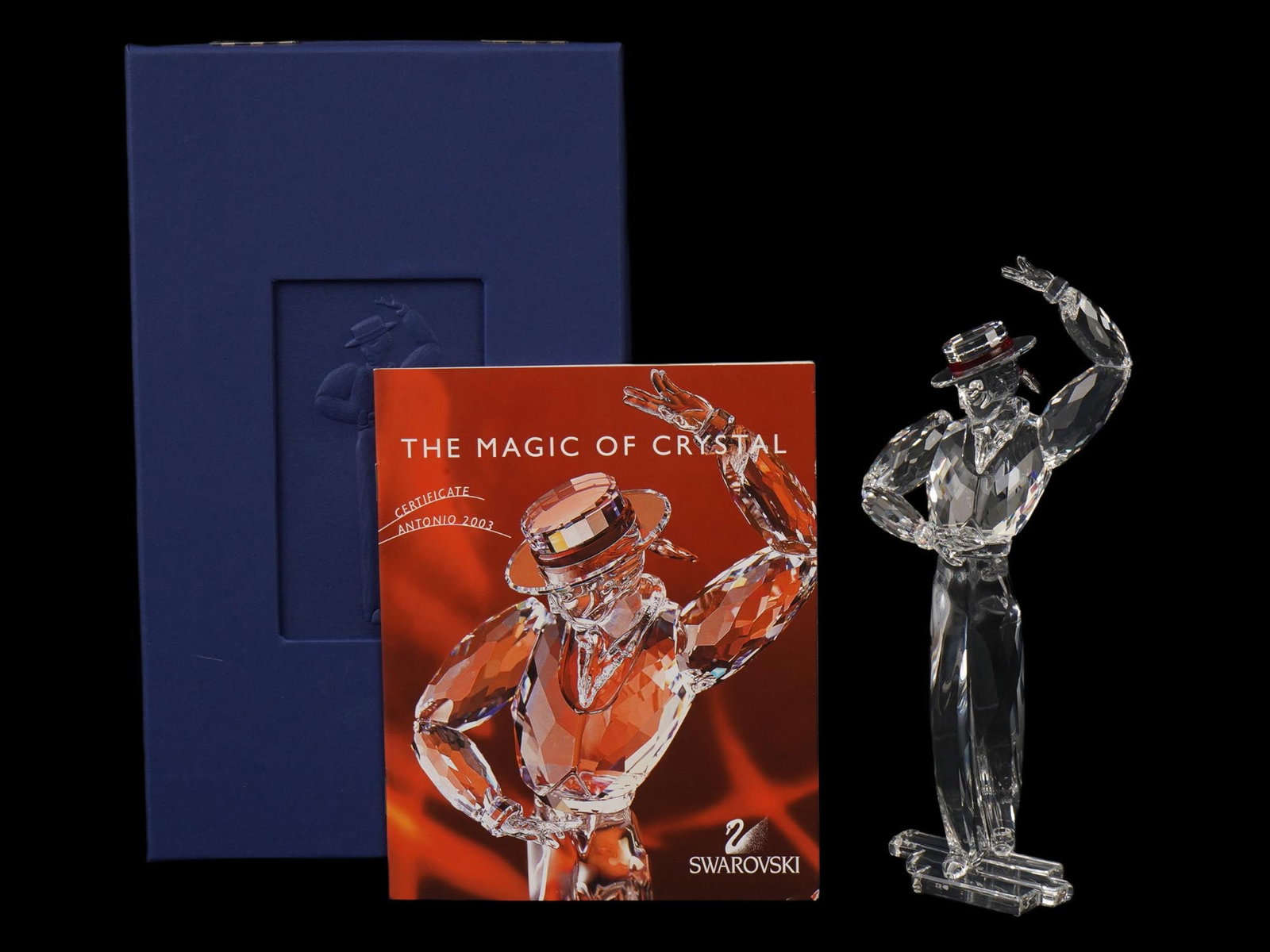 SWAROVSKI SCS CRYSTAL FIGURINE OF ANTONIO DANCER IOB: A Swarovski crystal figurine, Antonio, released in 2003. The figurine is part of the Magic of Dance trilogy, created for members of the Swarovski Collectors Club SCS. Designed by Martin Zendron. It is