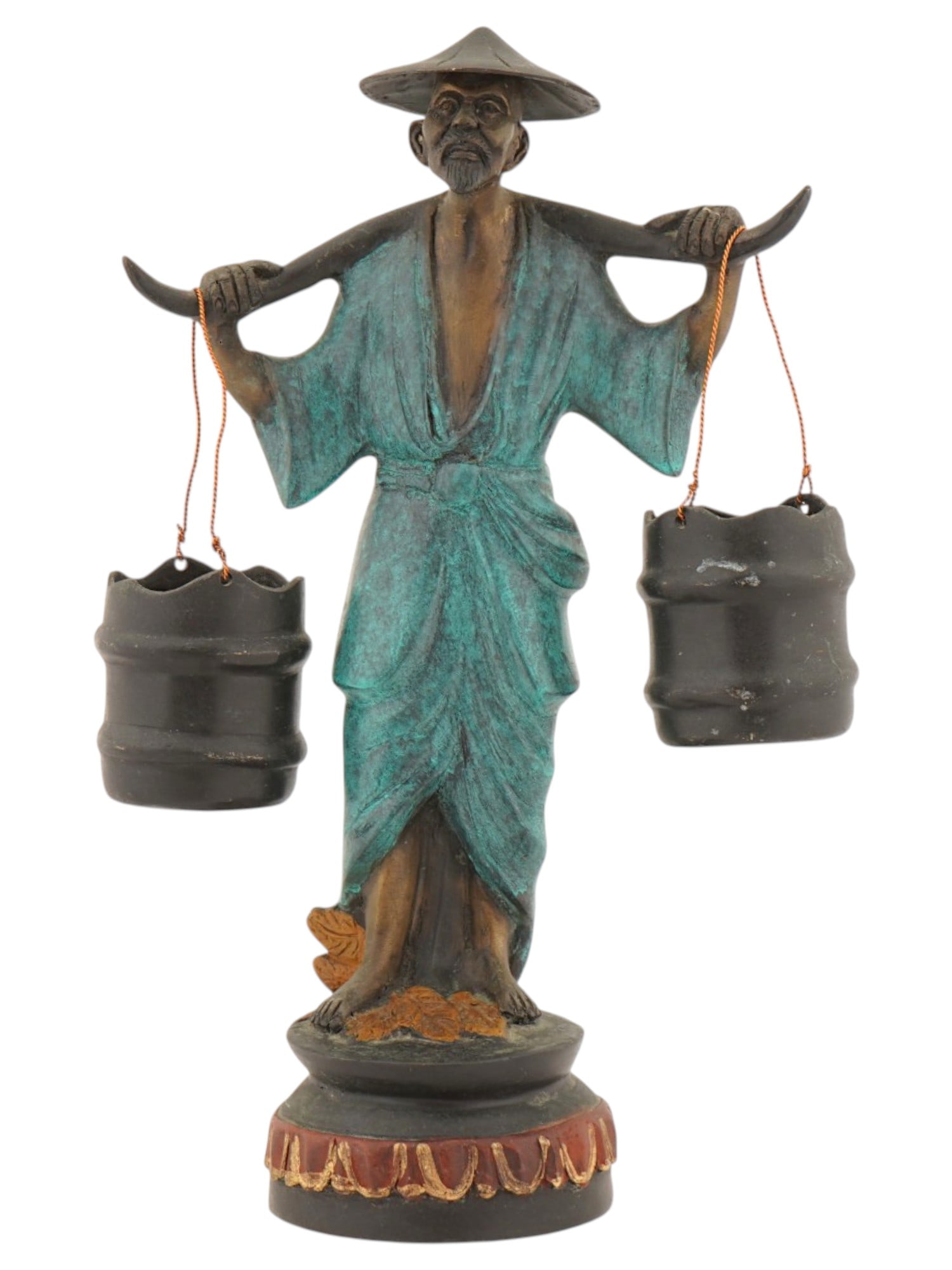 VINTAGE ASIAN CAST METAL SCULPTURE OF WATER CARRIER: A vintage Asian cast metal sculpture depicts a water carrier or laborer balanced by a shoulder yoke supporting two detachable buckets. The figure is rendered wearing a wide conical hat and a long robe