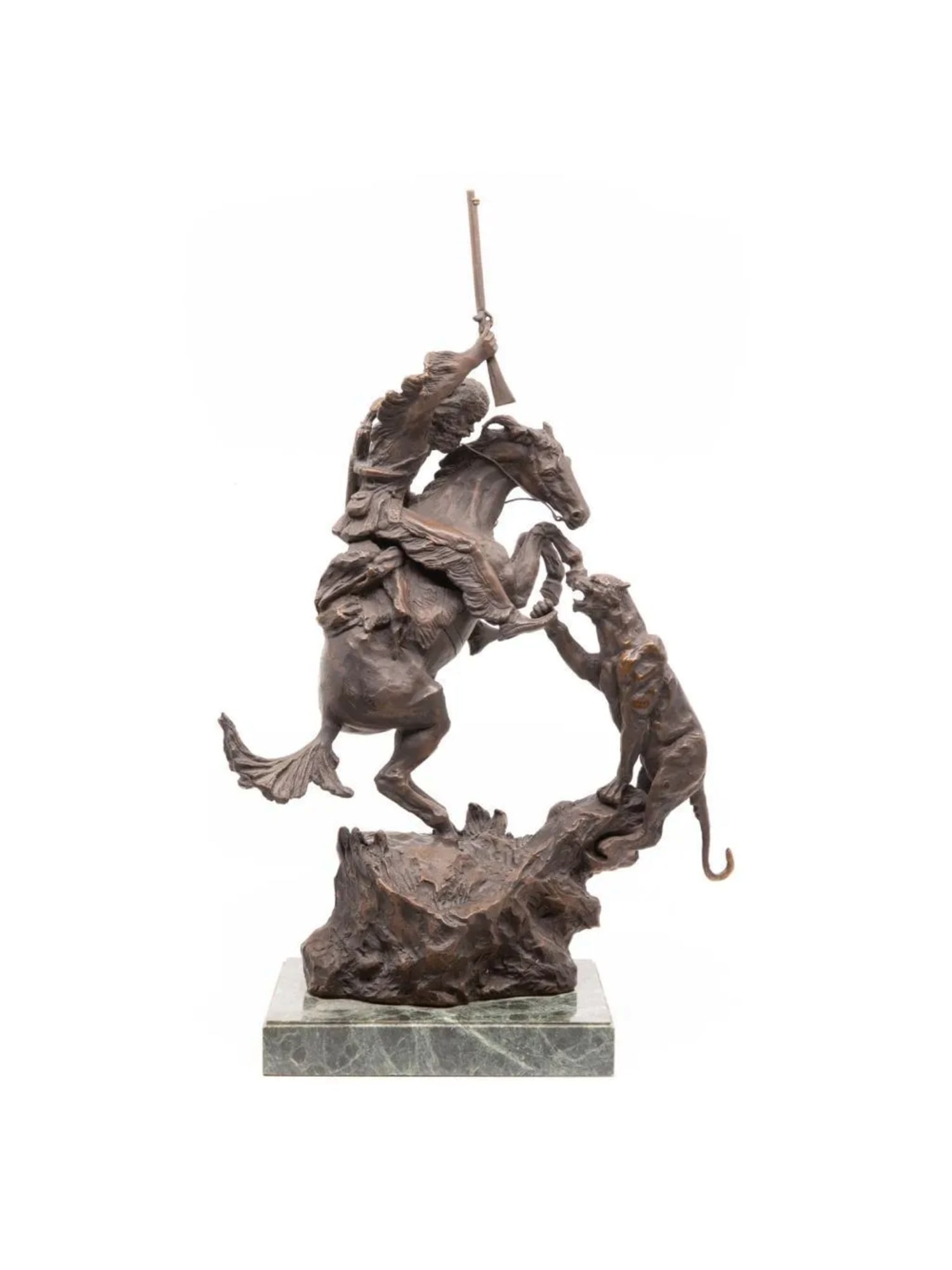 AFTER CHARLES MARION RUSSELL (1864–1926) BRONZE: A cast bronze sculpture after Charles Marion Russell (1864–1926) depicting a mounted Native American warrior engaged in dramatic combat with a mountain lion. The rearing horse and attacking animal c