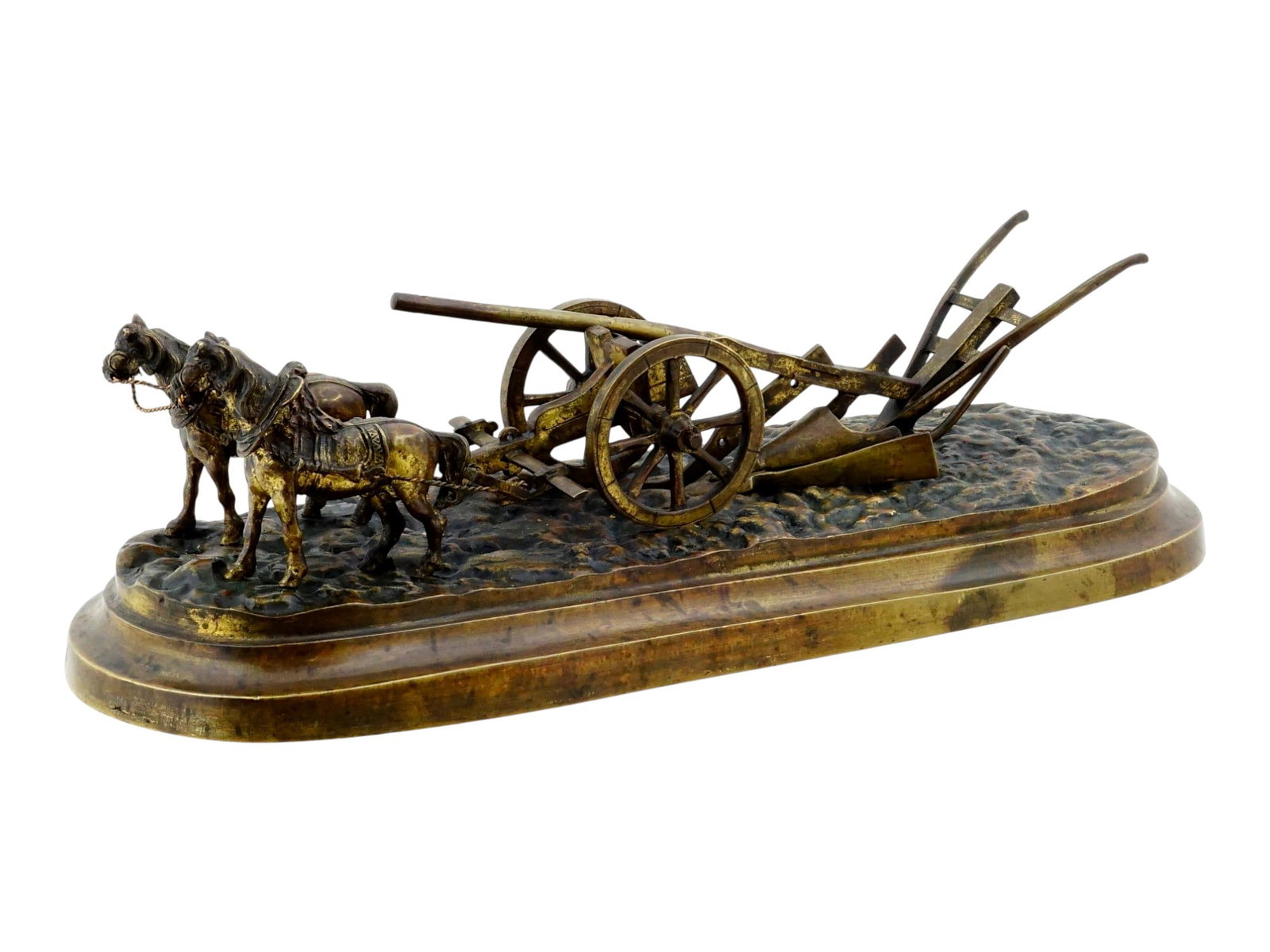 ANTIQUE AUSTRIAN BRONZE SCULPTURE HORSES AND PLOW: An antique late 19th-century Austrian cast bronze sculpture. Two horses harnessed to a plow. Gold patina. Unsigned. Collectible Fine Art And Sculpture, Decor, Equestrian Art, Agriculture. THIS LOT IS 