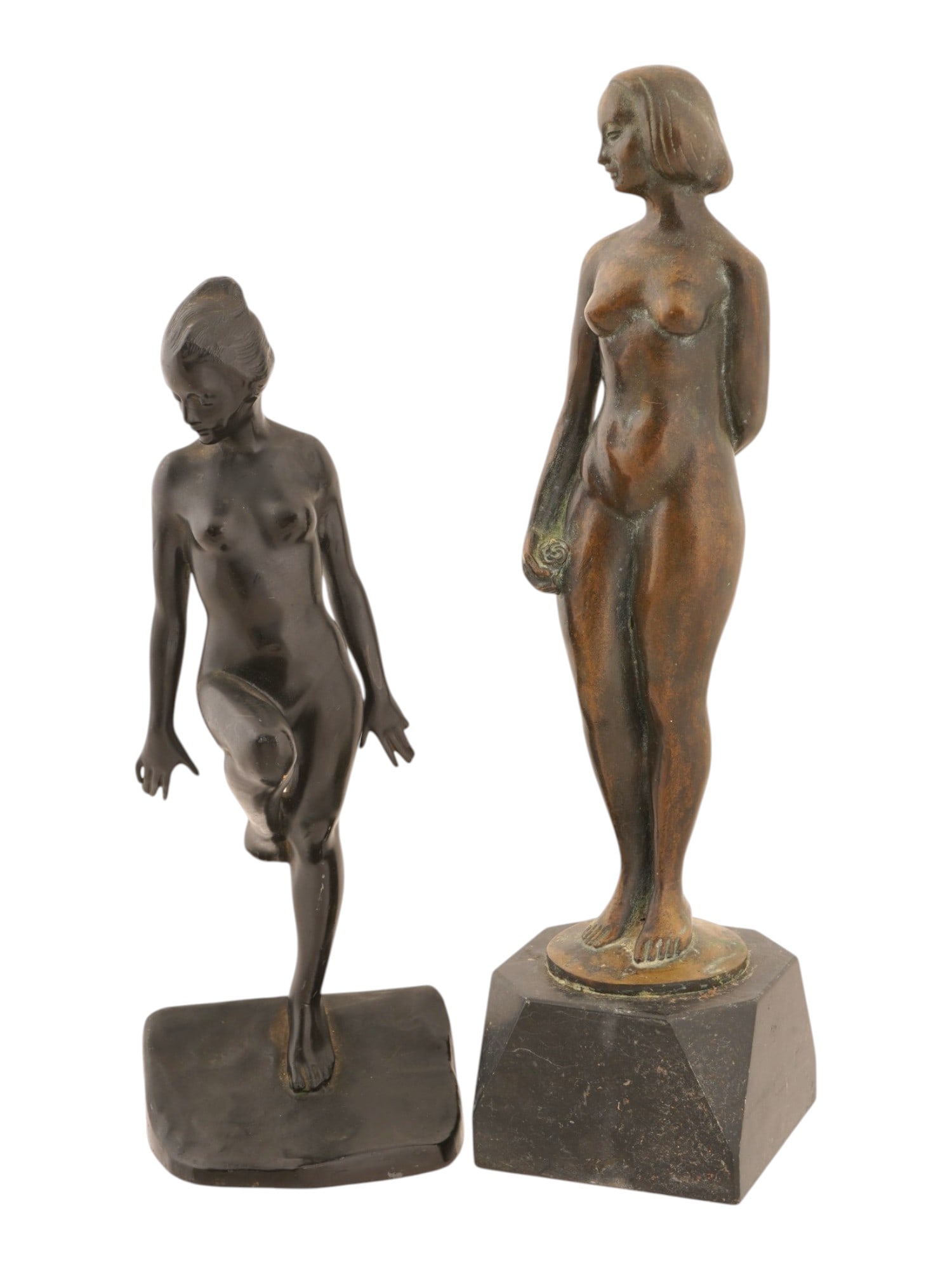 TWO VINTAGE BRONZE SCULPTURES OF FEMALE NUDES: Two vintage bronze sculptures depicting female nudes, representing the transition from Art Deco dynamism to mid-century modern simplicity, one signed. The Art Deco figure presents a graceful balancing