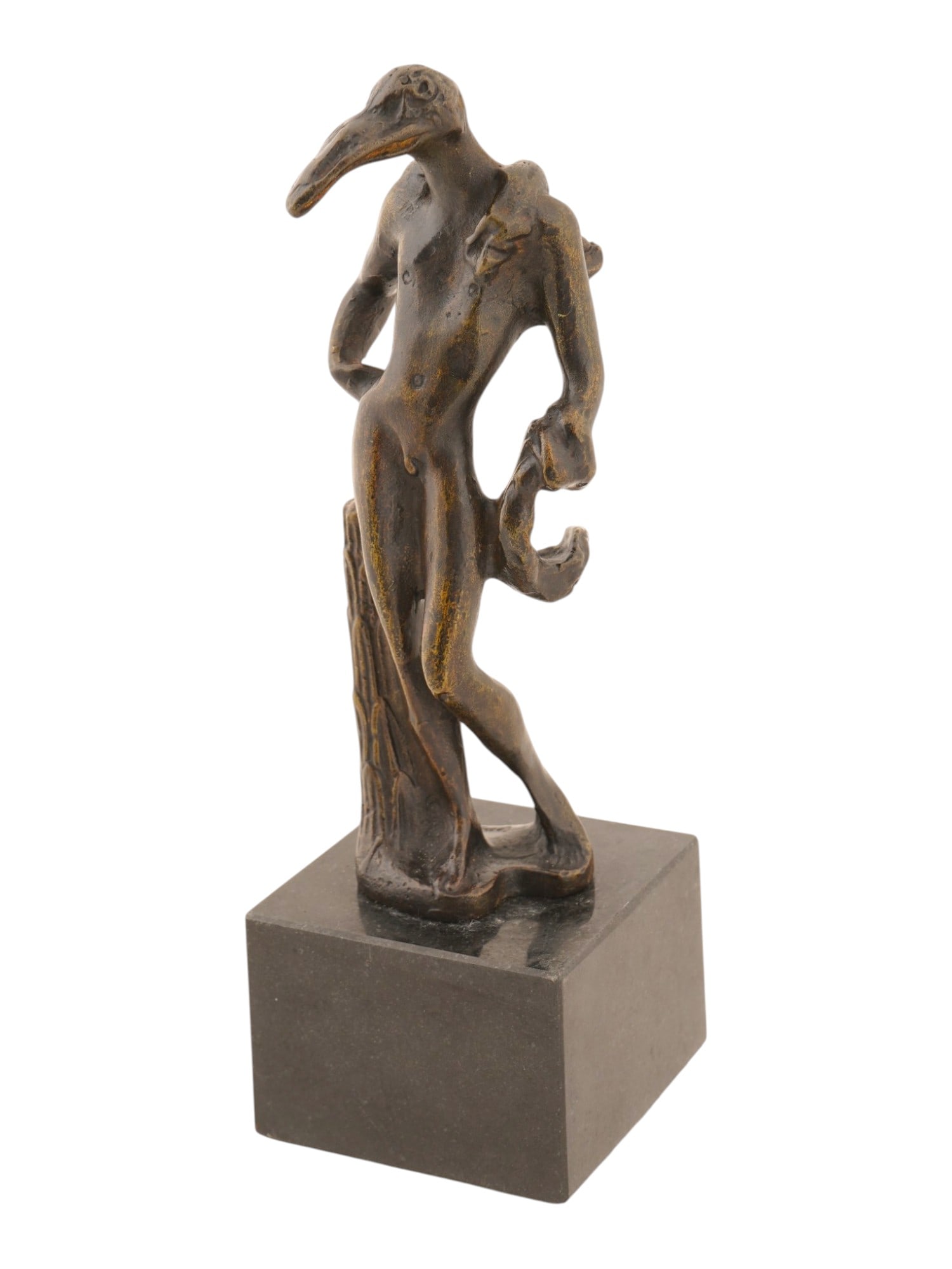 AFTER SALVADOR DALI SURREALIST BRONZE SCULPTURE: After Salvador Dali, Spanish, 1904 to 1989, cast bronze sculpture. Titled Homme Oiseau, The Bird Man. Signed to the bottom. Mounted on black marble base. Salvadore Dali was a Surrealist artist renowne
