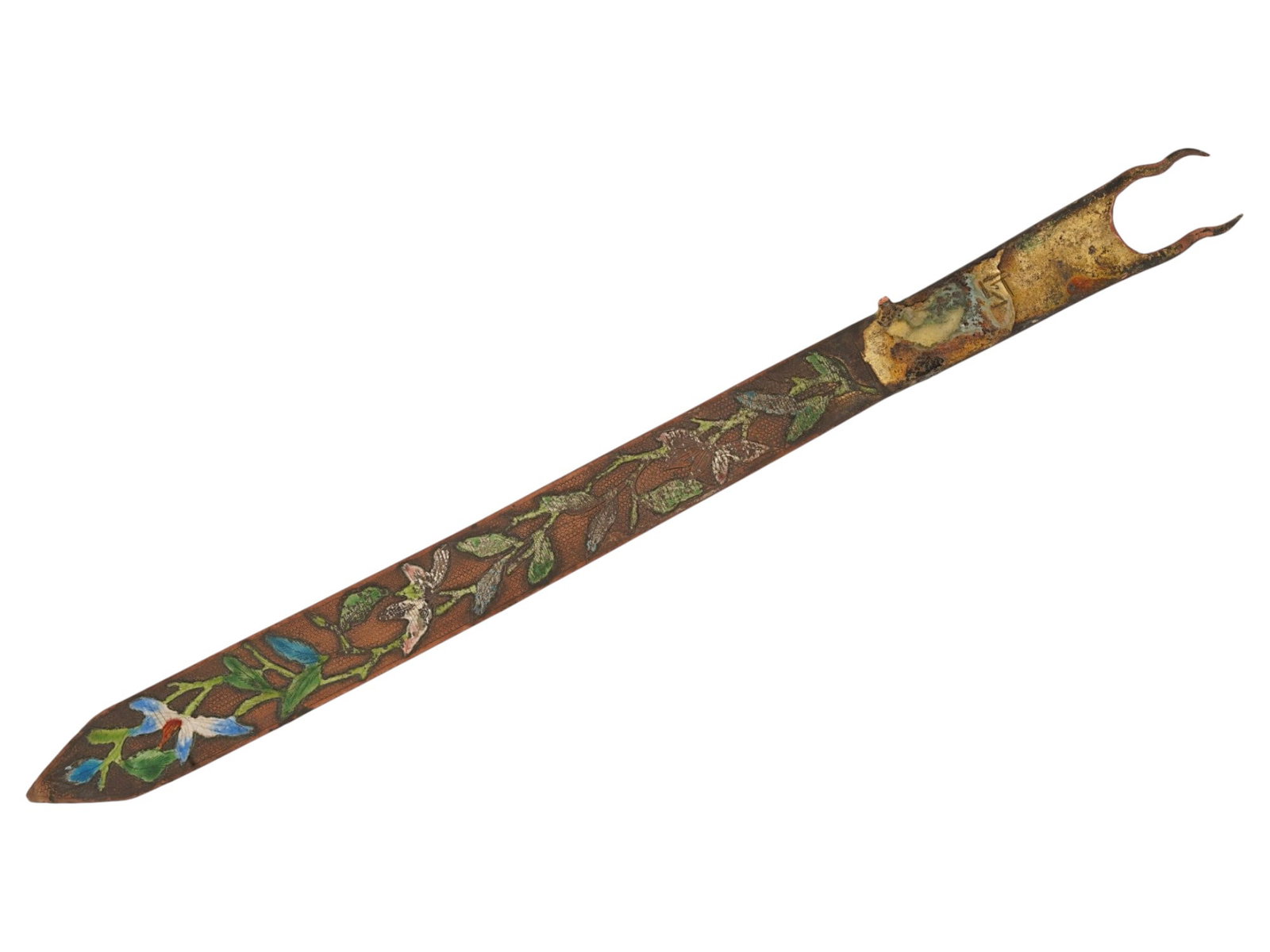 ANTIQUE VICTORIAN STYLE FLORAL ENAMEL LETTER KNIFE: An antique letter knife. The ware features a tapered metal blade decorated with intricate polychrome enamel work in shades of blue, green, and yellow. The handle section terminates in a distinctive bi