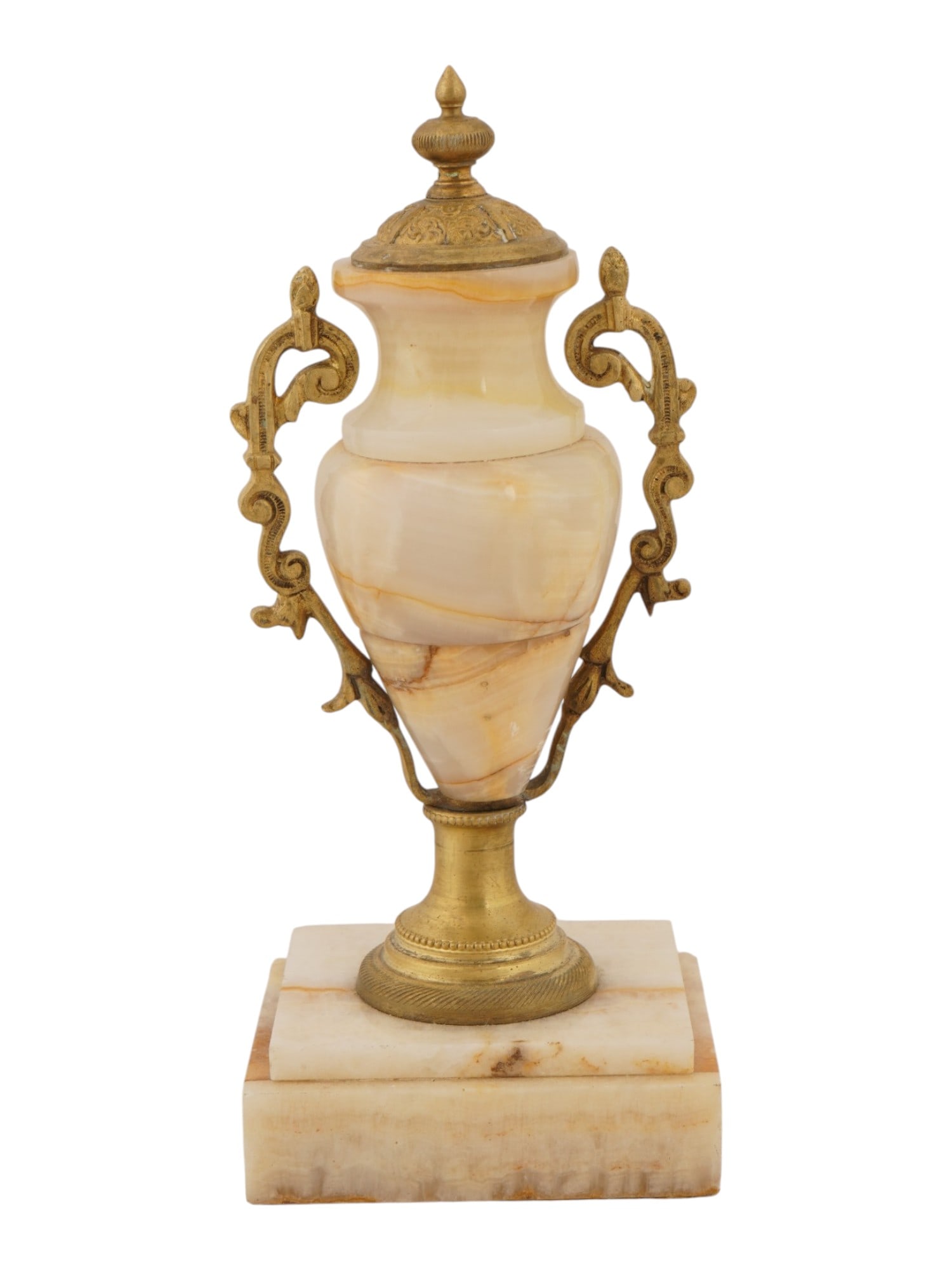 ANTIQUE FRENCH NEOCLASSICAL BRONZE ONYX DECORATIVE URN: An antique French Neoclassical gilt bronze and onyx decorative urn dating to the late 19th century, featuring richly veined onyx in cream, honey, and tan tones. The urn is accented with ornate gilt br