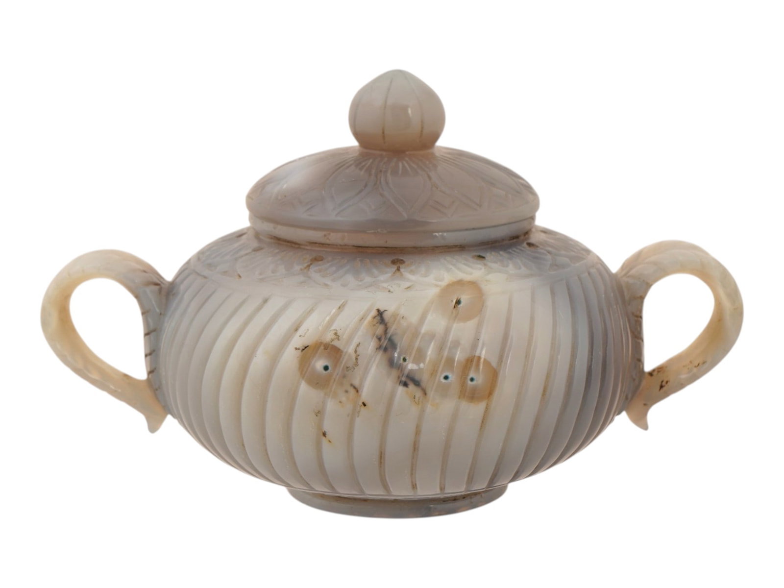 ANTIQUE INDIAN MUGHAL CARVED AGATE COVERED SUGAR BOWL (1 of 8)
