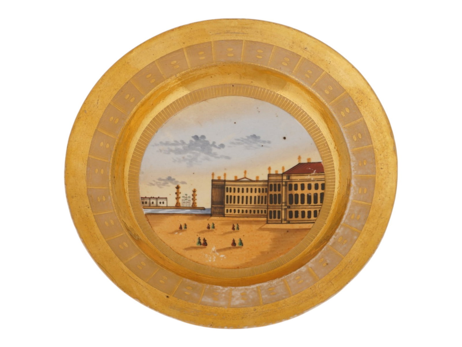 ANTIQUE RUSSIAN PORCELAIN PLATE VIEW OF SAINT PETERSBURG: A Russian porcelain deep plate. The center is hand-painted with a view of the Palace Square in Saint Petersburg, with rostral columns in the background. Gilded borders. Underglaze green hallmark Musak