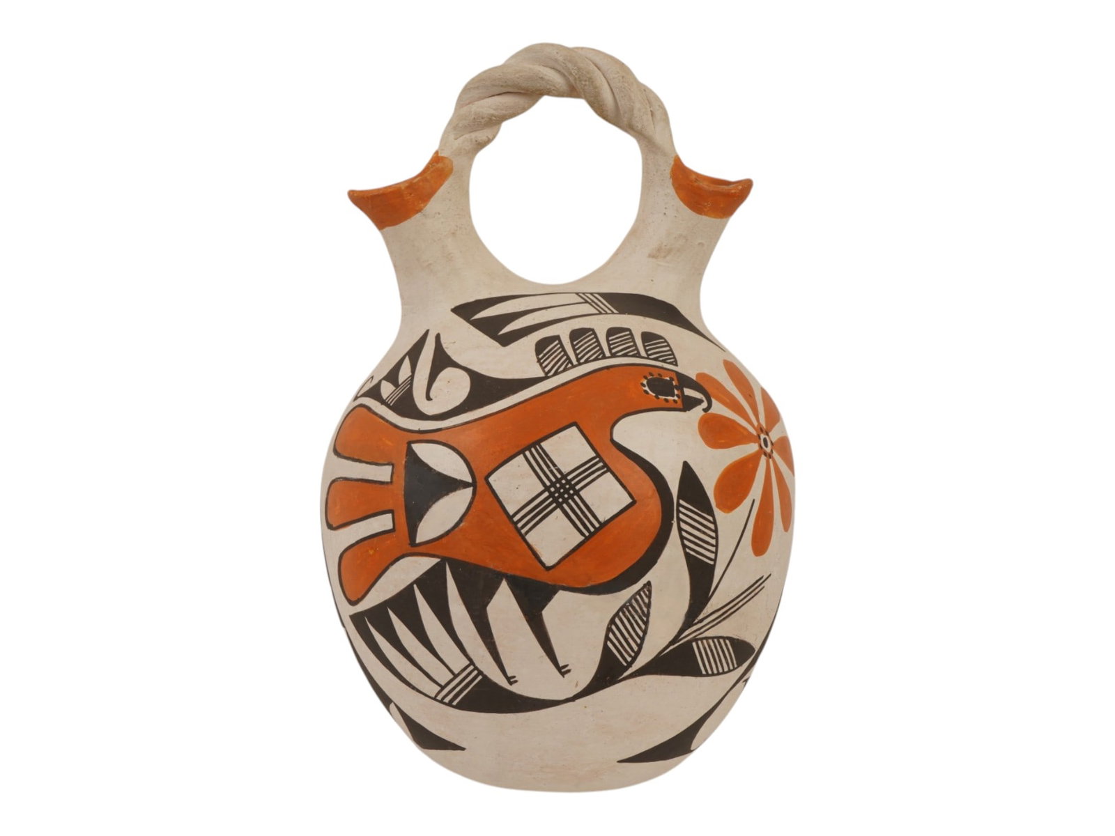 AMERICAN ACOMA PUEBLO PAINTED CERAMIC WEDDING VASE: A vintage American Acoma Pueblo painted ceramic wedding vase from New Mexico. The vase has two connected spouts and is painted with white and red decor with motifs of birds and flowers on a white back
