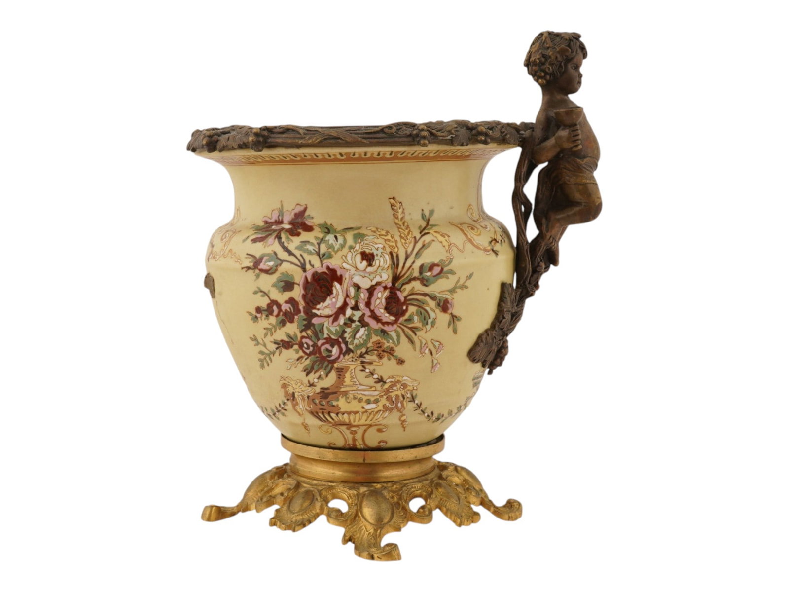 18TH CEN ITALIAN CERAMIC VASE WITH GILT BRONZE MOUNTS: An 18th century Italian ceramic vase, designed with a baluster form body featuring hand painted polychrome floral bouquets and delicate leaf swags. The vessel is enhanced by ornate gilt bronze