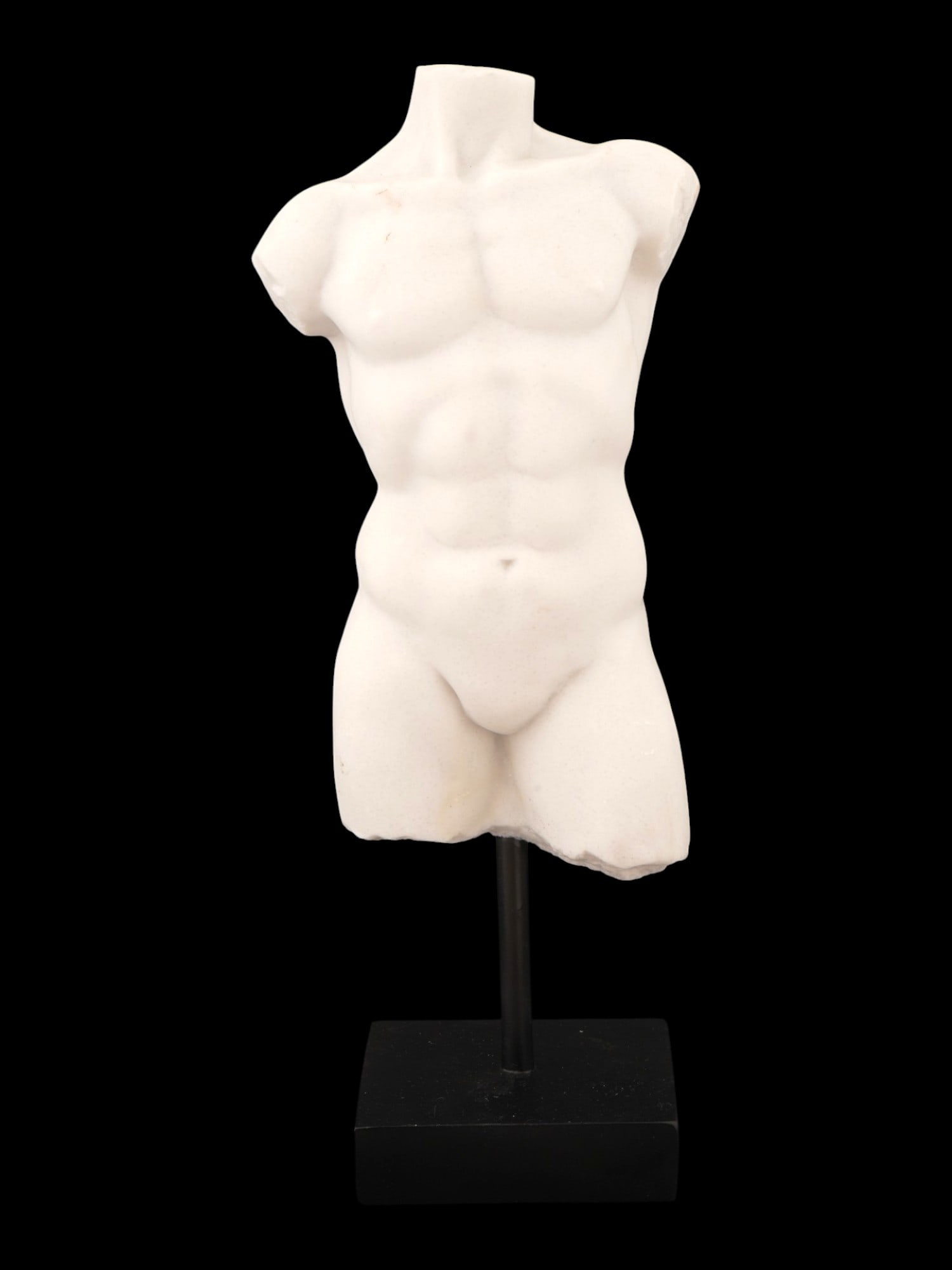 INTERIOR COMPOSITE FIGURE OF ATHLETIC MALE TORSO: An interior figure of an athletic male torso. The figure depicts a muscular male torso in a classical academic style, rendered in a matte white composite material. Collectible Classic Sculpture And