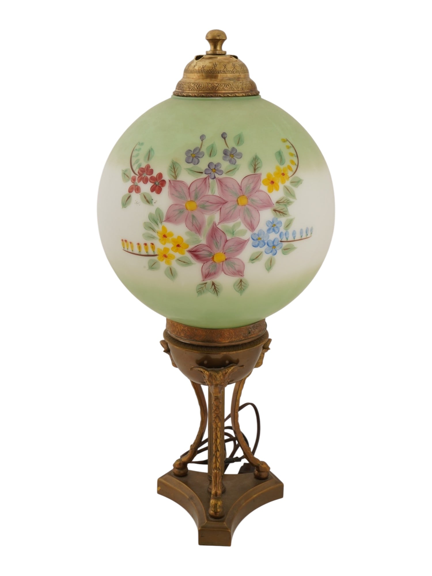 ANTIQUE VICTORIAN GONE WITH THE WIND STYLE BANQUET LAMP: An antique Victorian Gone with the Wind style banquet lamp dating from the late 19th to early 20th century, featuring a hand-painted milk glass globe with a soft green gradient and colorful floral