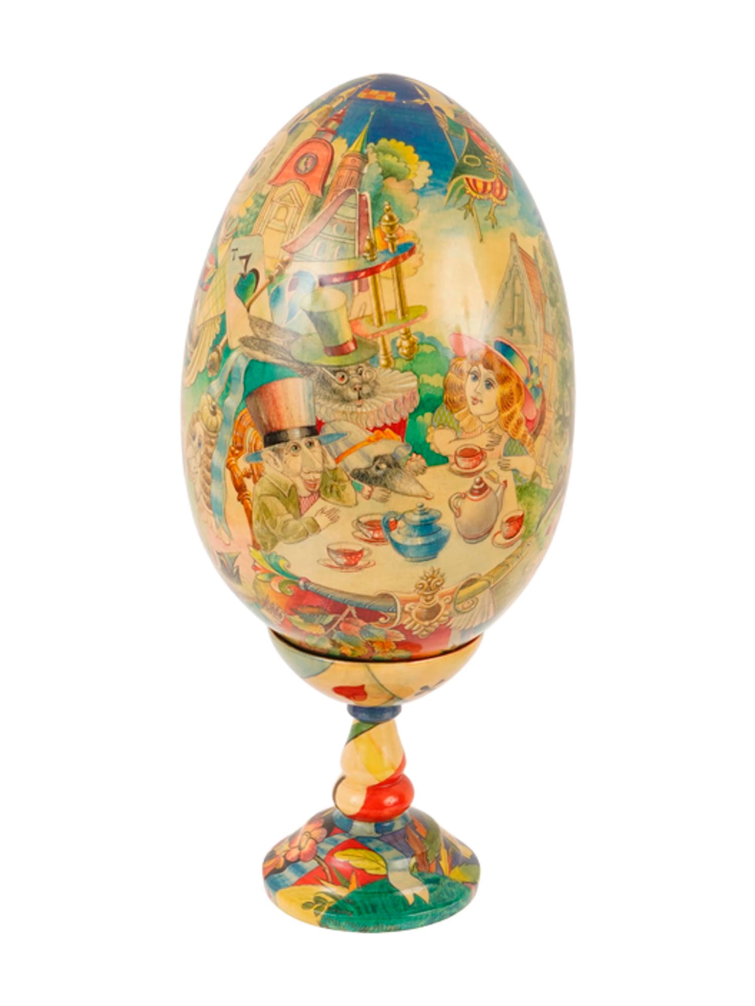 VINTAGE RUSSIAN HAND PAINTED WOODEN LACQUER EGG ALICE: A vintage Russian hand-painted wooden lacquer egg from Khotkovo, titled Alice, inscribed and dated 1996 underneath. The decoration features scenes inspired by Alices Adventures in Wonderland,