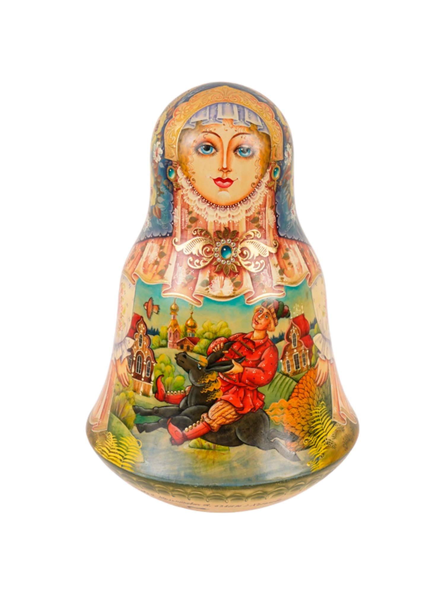 VINTAGE RUSSIAN ROLY POLY TOY NEVALYASHKA KHOTKOVO: A vintage Russian wooden roly-poly toy nevalyashka from Khotkovo, hand-painted and crafted in a traditional folk style. The piece features a distinctive bell-like silhouette designed to rock gently an