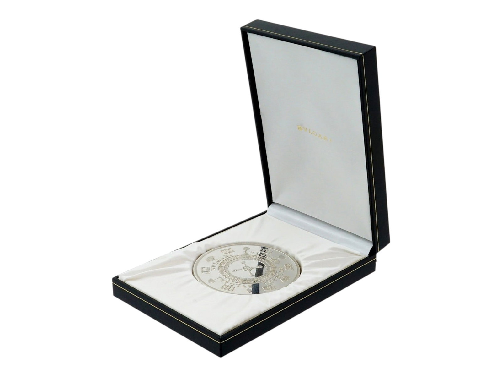 BULGARI STERLING SILVER LAS VEGAS DICE PAPERWEIGHT BOX: A vintage Bulgari sterling silver Vegas Casino paper weight coin in a fitted case. Designed with relief images of a roulette wheel and Las Vegas dice. Hallmarked with a 925 sterling silver mark. S.B.,