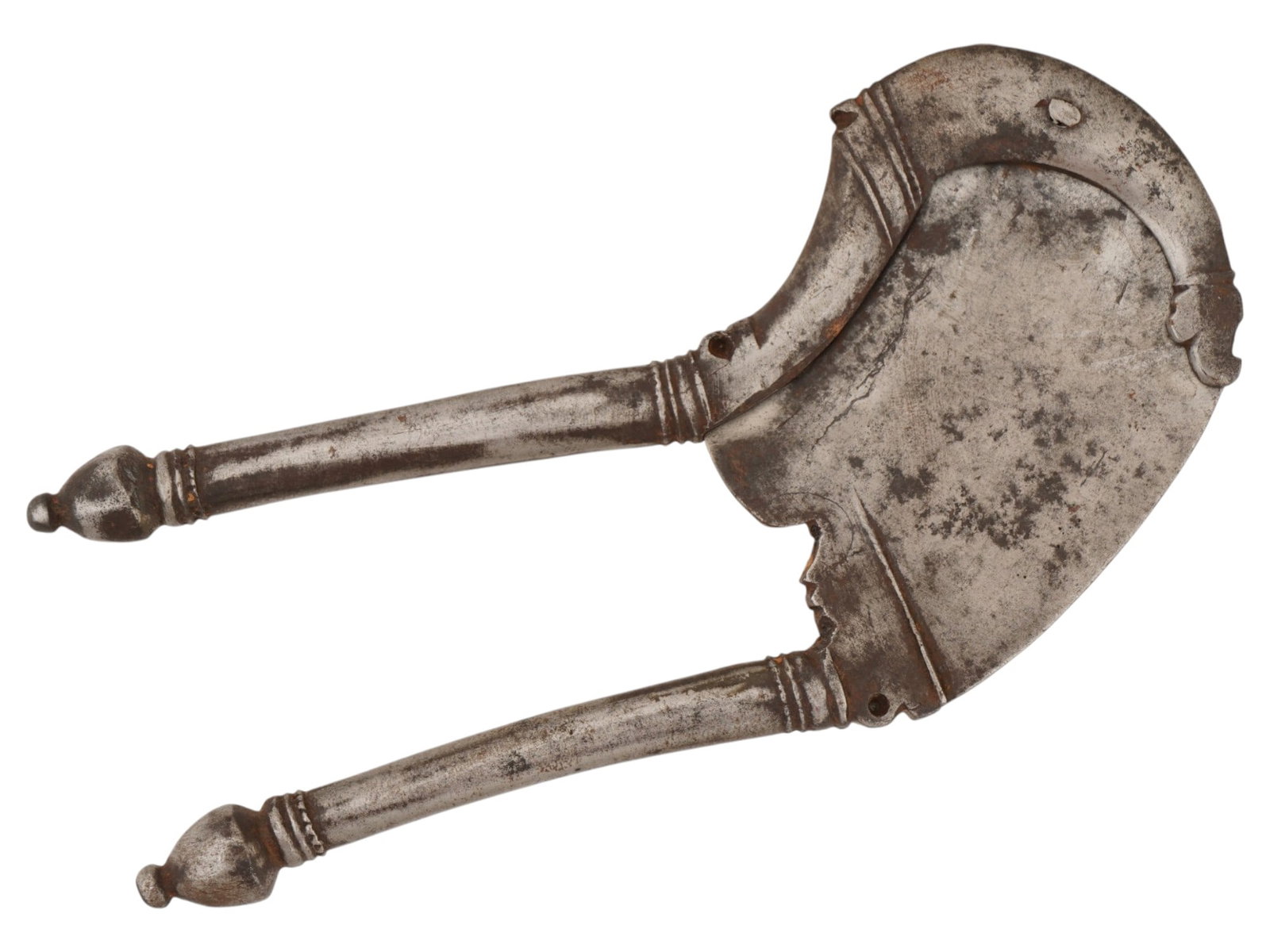 ANTIQUE INDIAN BETEL NUT CUTTER SAROTA: An antique Indian sarota, or betel nut cutter, is constructed from forged iron and features a traditional hinged lever mechanism designed for slicing dried areca nuts. The tool is composed of two tape
