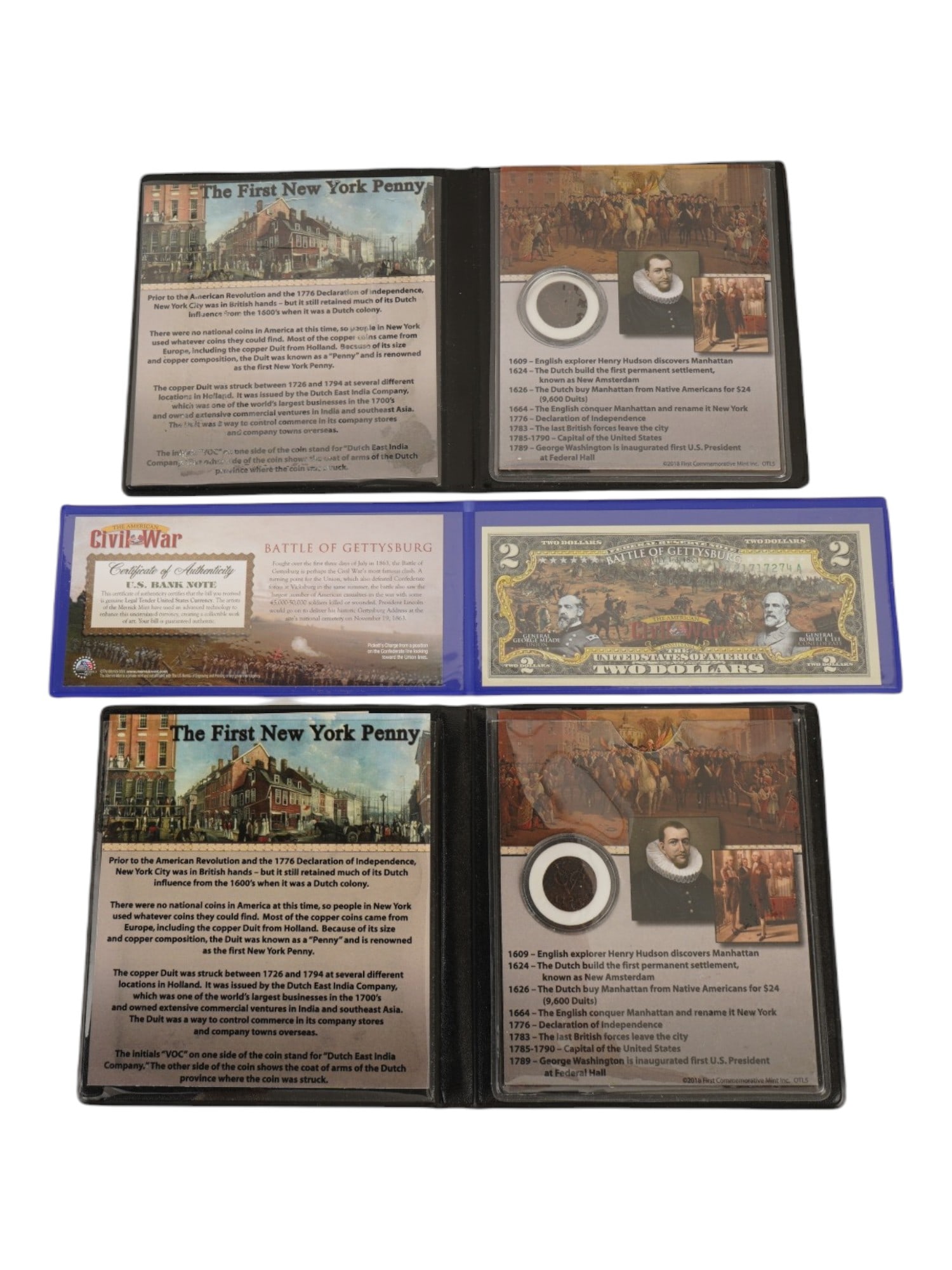 LOT OF COMMEMORATIVE US FIRST NY PENNY COINS AND BILL: A lot of U.S. commemorative coins and bill in collector's cases. First Commemorative Mint Inc., First New York Penny, two coins, 1785 and 1790. Genuine Legal Tender U.S. Bill, Battle of Gettysburg 186