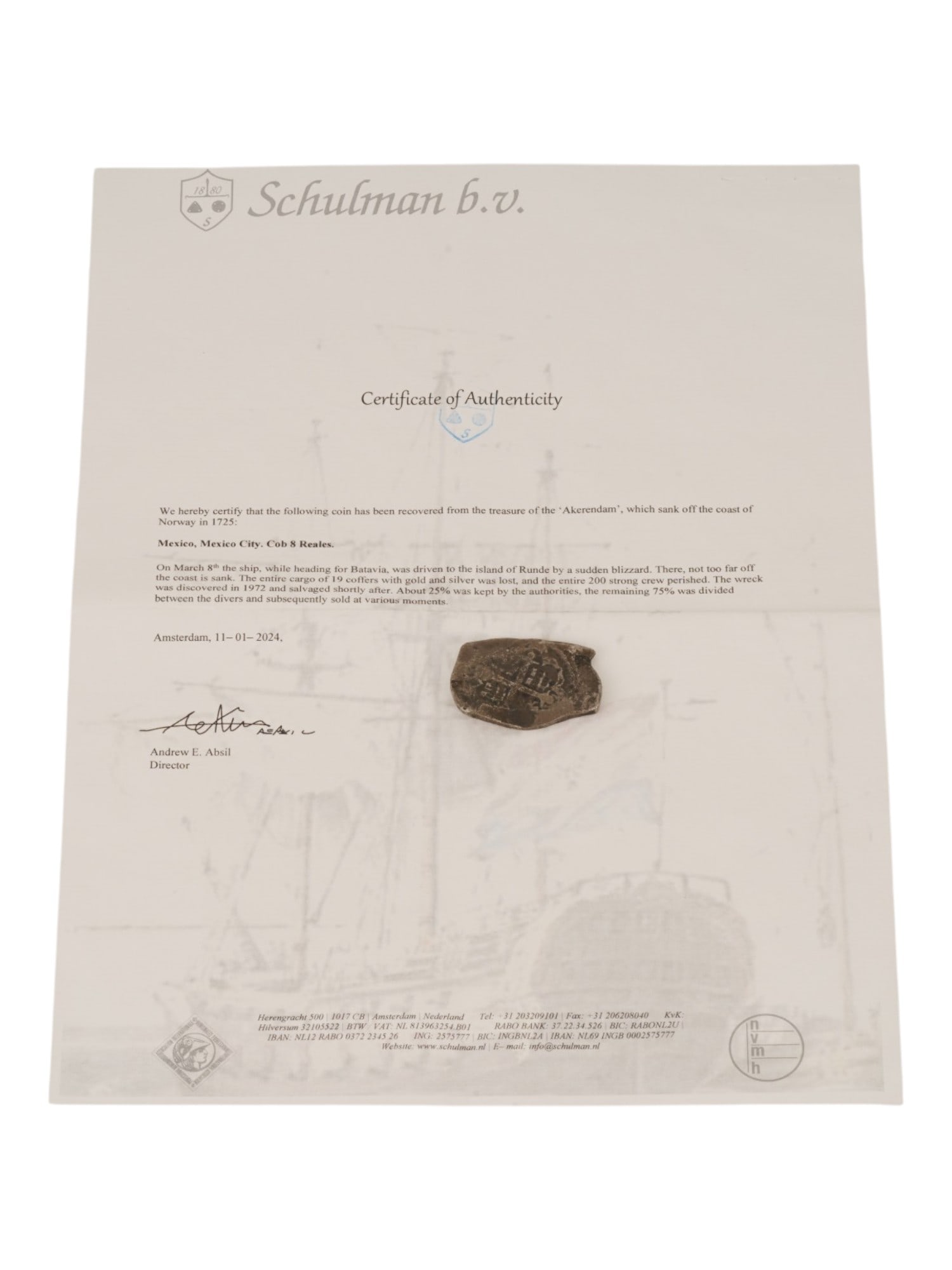 8 REAL SILVER SILVER COIN F AKERENDAM SHIPWRECK 1725: An antique certified Spanish Colonial 8 real coin, a Cob 8 Reales minted in Mexico City. The coin was recovered from the Dutch ship Akerendam, which sank off the coast of Norway in 1725. The coin come