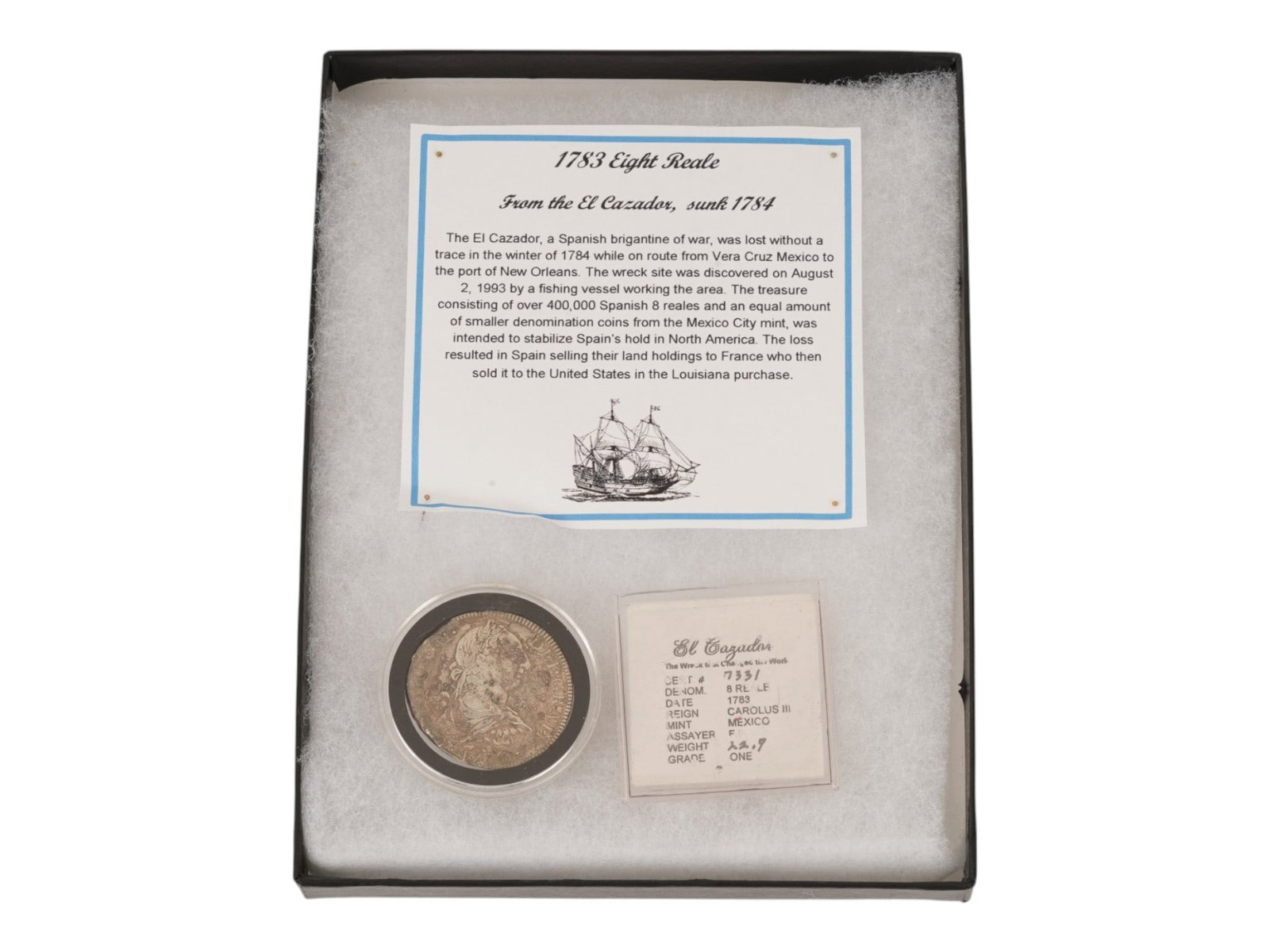1783 EIGHT REALE SILVER COIN FROM EL CAZADOR SHIPWRECK: 1783 Spanish Eight Reale silver coin. Mexican mint. From the El Cazador war ship which sunk on route from Vera Cruz to New Orleans in 1784. The treasure consisting of over 400,000 Spanish 8 reales and