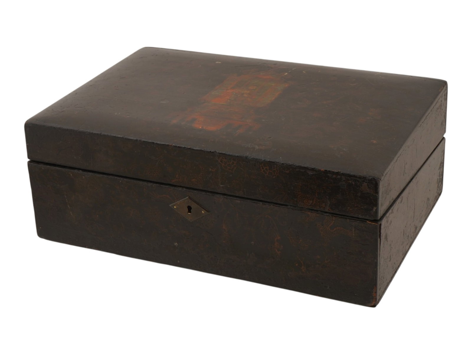 ANTIQUE CHINESE QING LACQUERED WOOD LETTER BOX: An antique Chinese black-lacquered wood letter box with key lock. Late Qing era, before 1912. Rectangular piece. Hand-painted floral ornaments and an image of an enthroned ruler on the hinged lid. Mul