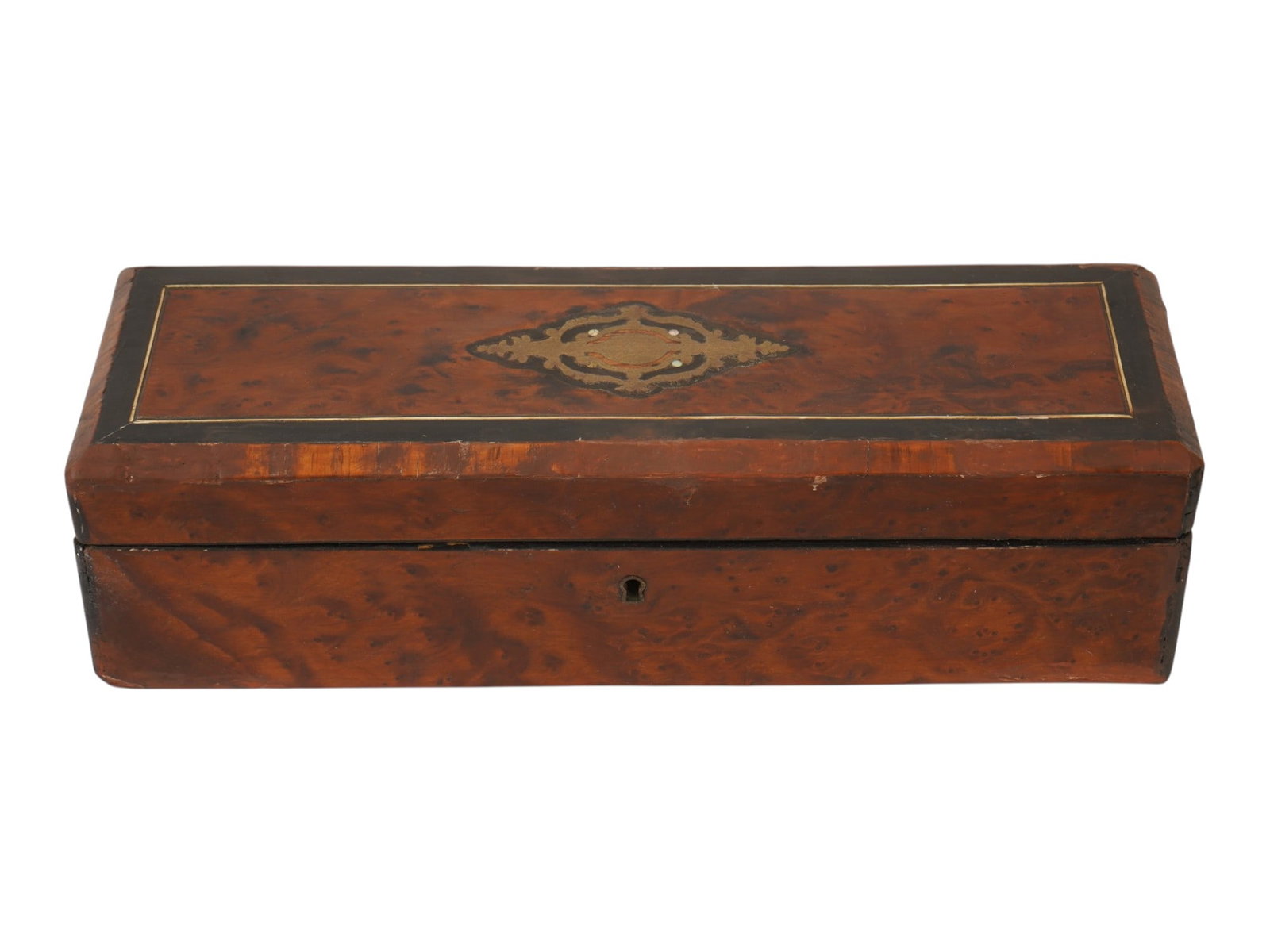 ANTIQUE FRENCH NAPOLEON III BURL WORK JEWELRY BOX: An antique French jewelry or glove box with key lock. Napoleon III era, ca. 1850s to 1870s. Walnut burl wood with decorative marquetry and brass fittings. The interior is lined with fabric. Collectibl
