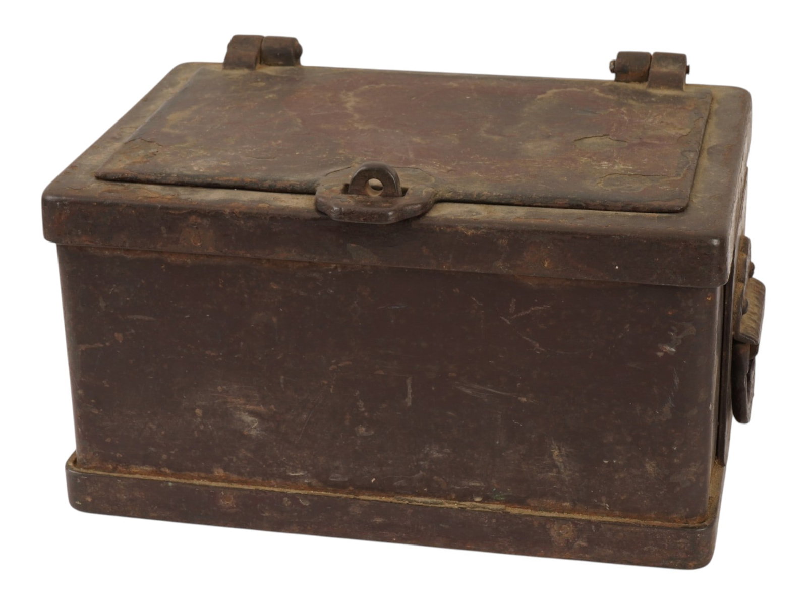 ANTIQUE HEAVY CAST IRON STAGECOACH OR RAILWAY STRONGBOX: An antique American heavy cast iron stagecoach or railway strongbox of Wells Fargo type. The box is designed in the traditional mid-to-late 19th-century style associated with stagecoach and railroad t