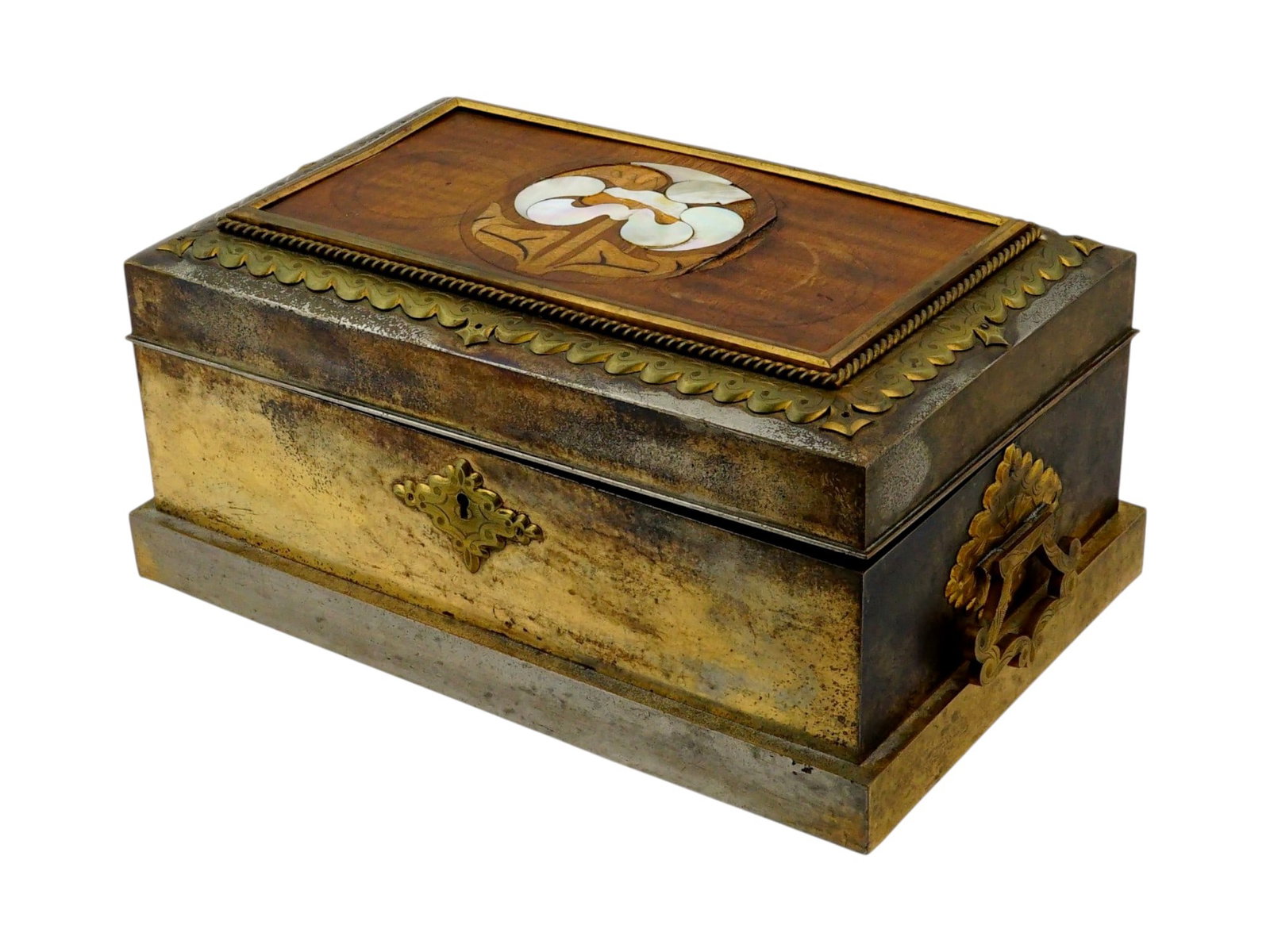 ANTIQUE BRONZE MOUNTED WOOD BOX MOTHER OF PEARL INLAY (1 of 17)