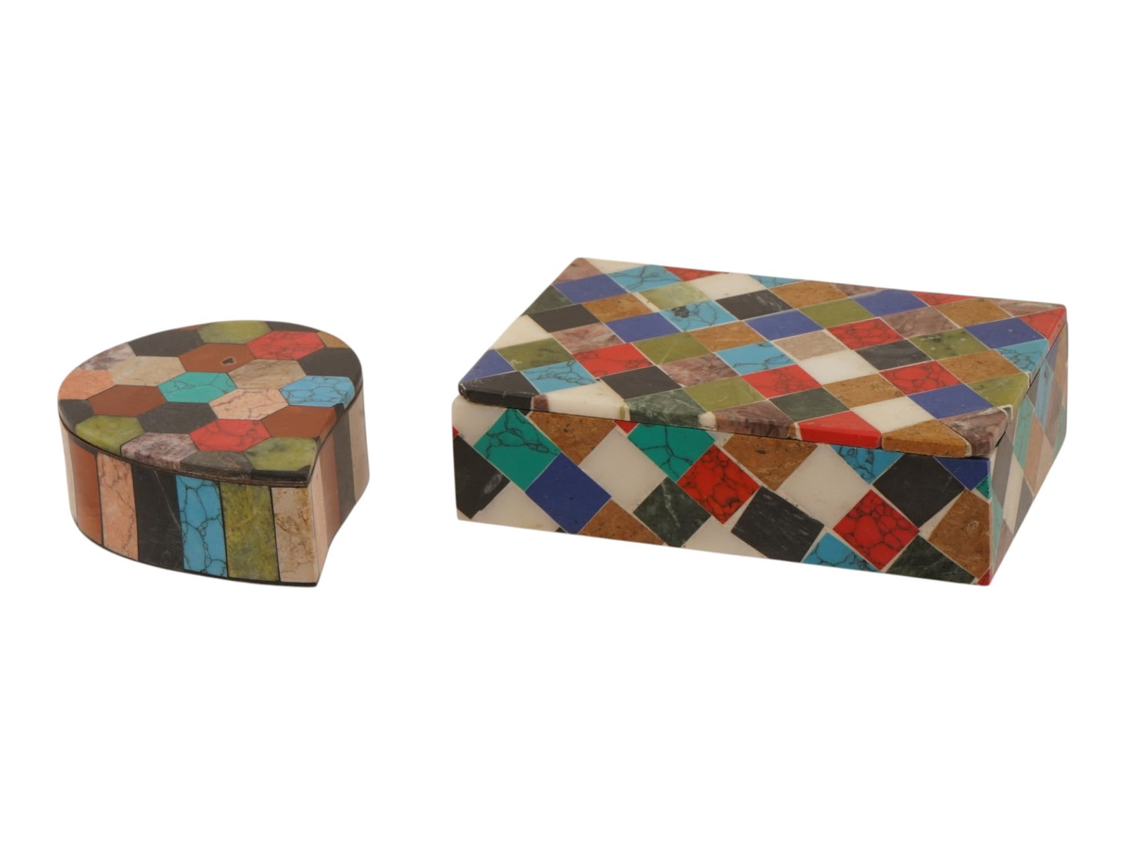 TWO INLAID SEMI PRECIOUS STONE MOSAIC BOXES: A lot of two inlaid semi-precious stone mosaic boxes. The first lidded box features a teardrop shape and is decorated with a multicolored mosaic of hexagonal and rectangular shapes. The second rectang