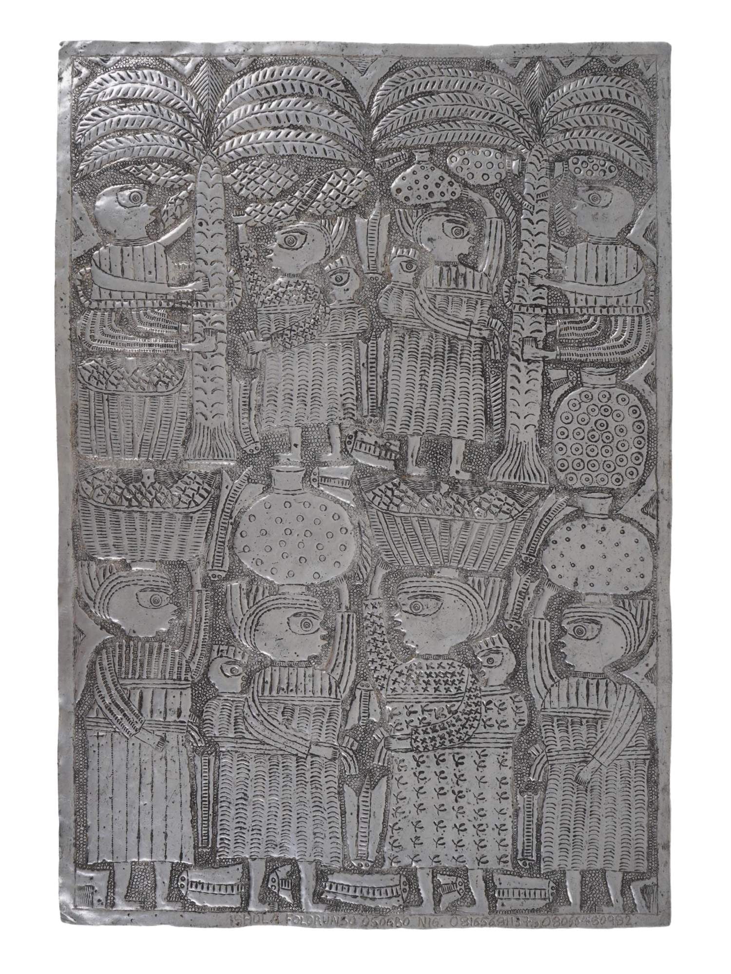 ISHOLA FOLORUNSO ARTWORK ALUMINUM PANEL PALM TAPER: An artwork on an aluminum panel titled Palm Taper by Ishola Folorunso, 1949 to 2021, a septuagenarian Nigerian artist renowned for his mastery of beaten metal form. Widely exhibited yet personally ret