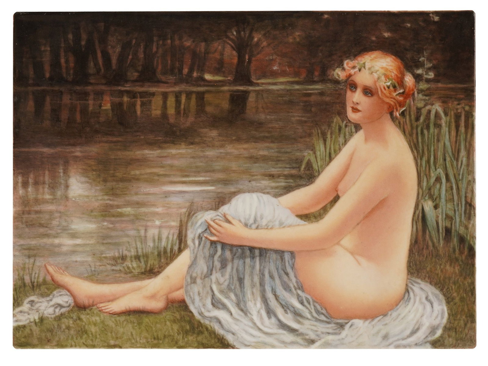 AFTER MARY F. RAPHAEL BRITISH PAINTING ON PORCELAIN: After Mary F. Raphael, British, 1861 to 1942, painting on porcelain. After the early 20th-century artwork titled Water Nymph, now in private collection. The artwork depicts a nude young woman sitting
