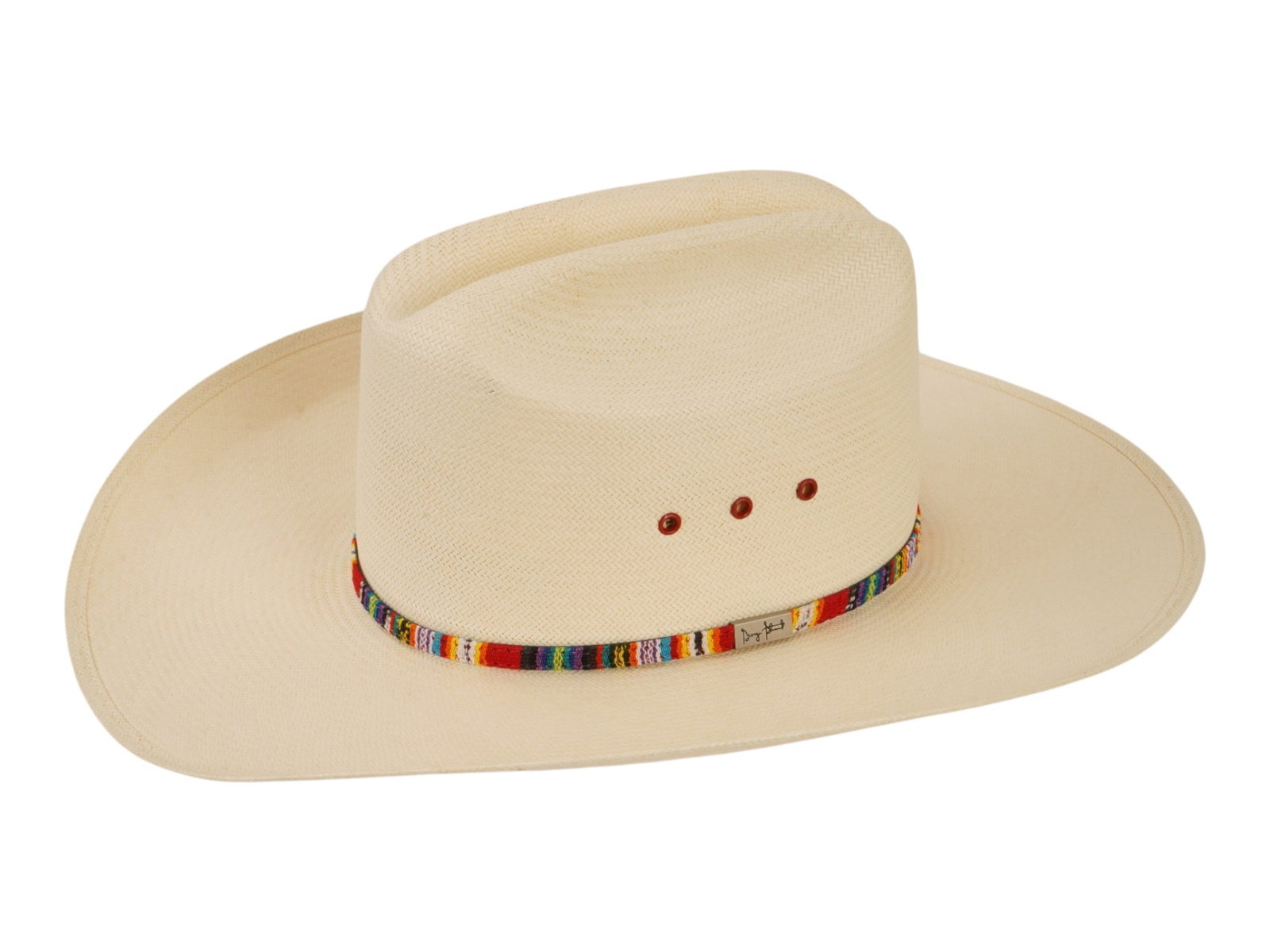 VINTAGE AMERICAN WHITE STRAW COWBOY HAT BY RESISTOL: A vintage American white straw cowboy hat by Resistol. The hat features a traditional Cattleman crease and a bright striped decorative hatband with metal elements. Marked inside. Vintage and Modern
