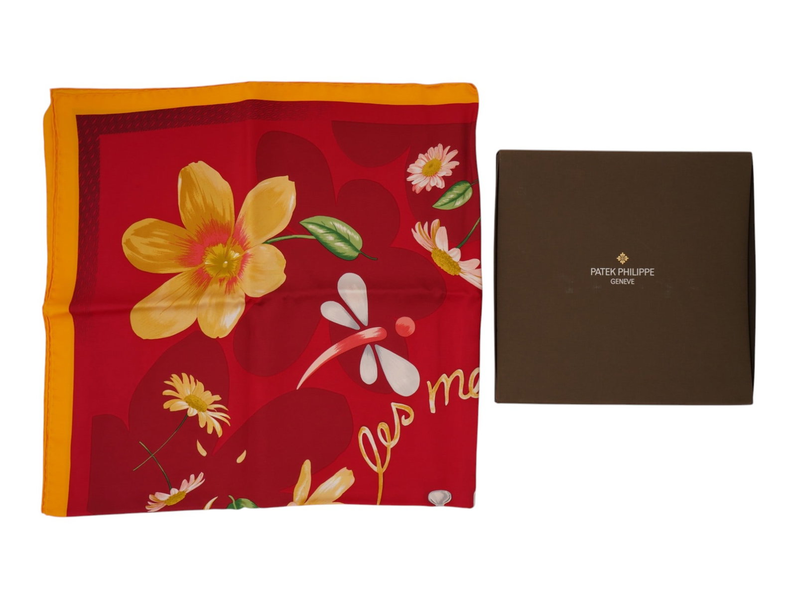 SWISS PATEK PHILIPPE SILK SCARF LES METIERS D ART IOB: A Swiss Patek Philippe silk scarf from Les Metiers d Art collection. The scarf features a red and orange color palette with vibrant floral and dragonfly motifs. Marked Patek Philippe. Made in Italy. C