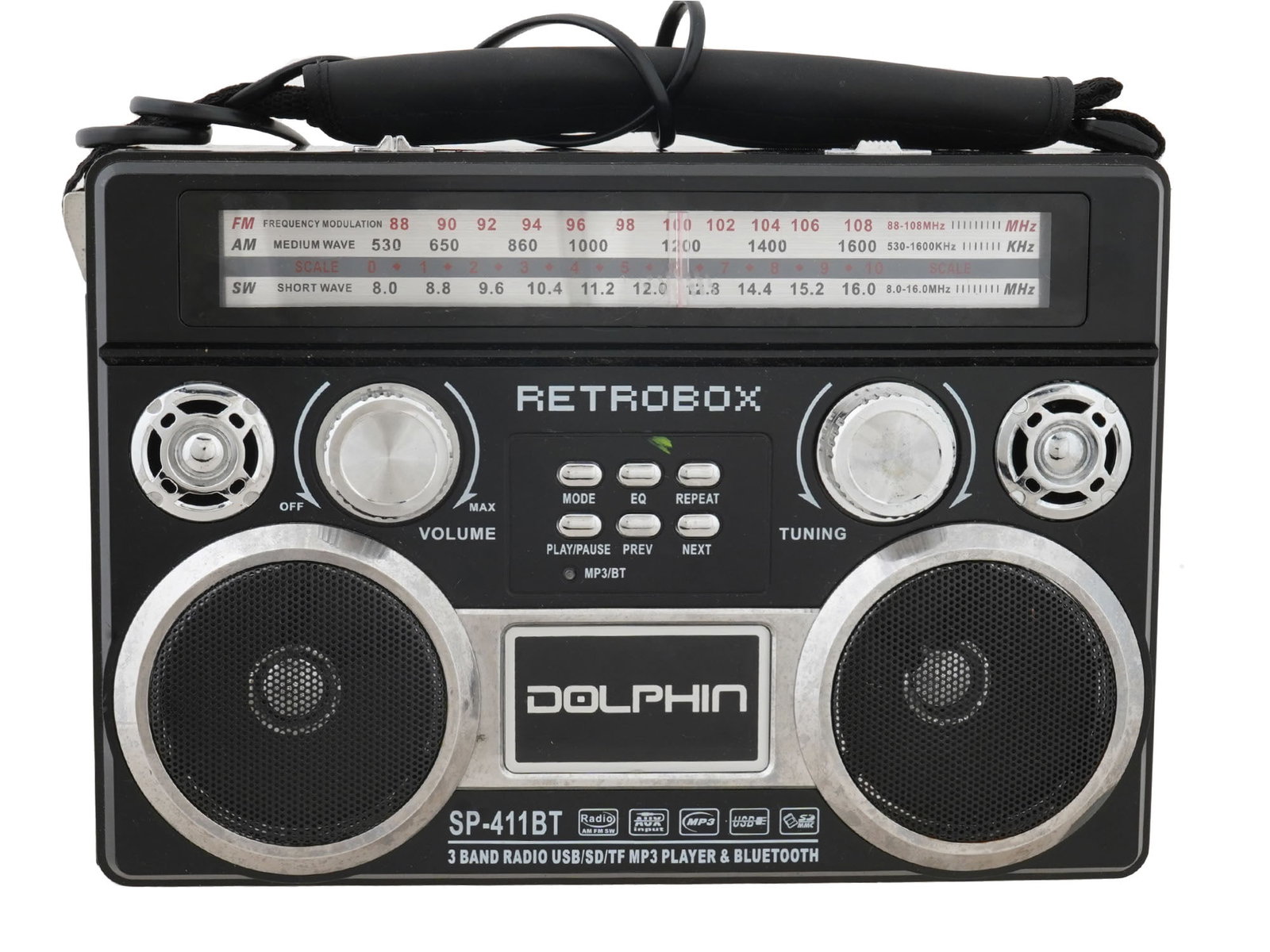 DOLPHIN RETROBOX PORTABLE BLUETOOTH RADIO IN BLACK: Dolphin SP-411BT Retrobox, a portable radio with AC-DC power, rechargeable battery, USB-SD-FM-AM-MP3, and high sensitivity antenna. In black color. Leather handle and shoulder strap. Vintage