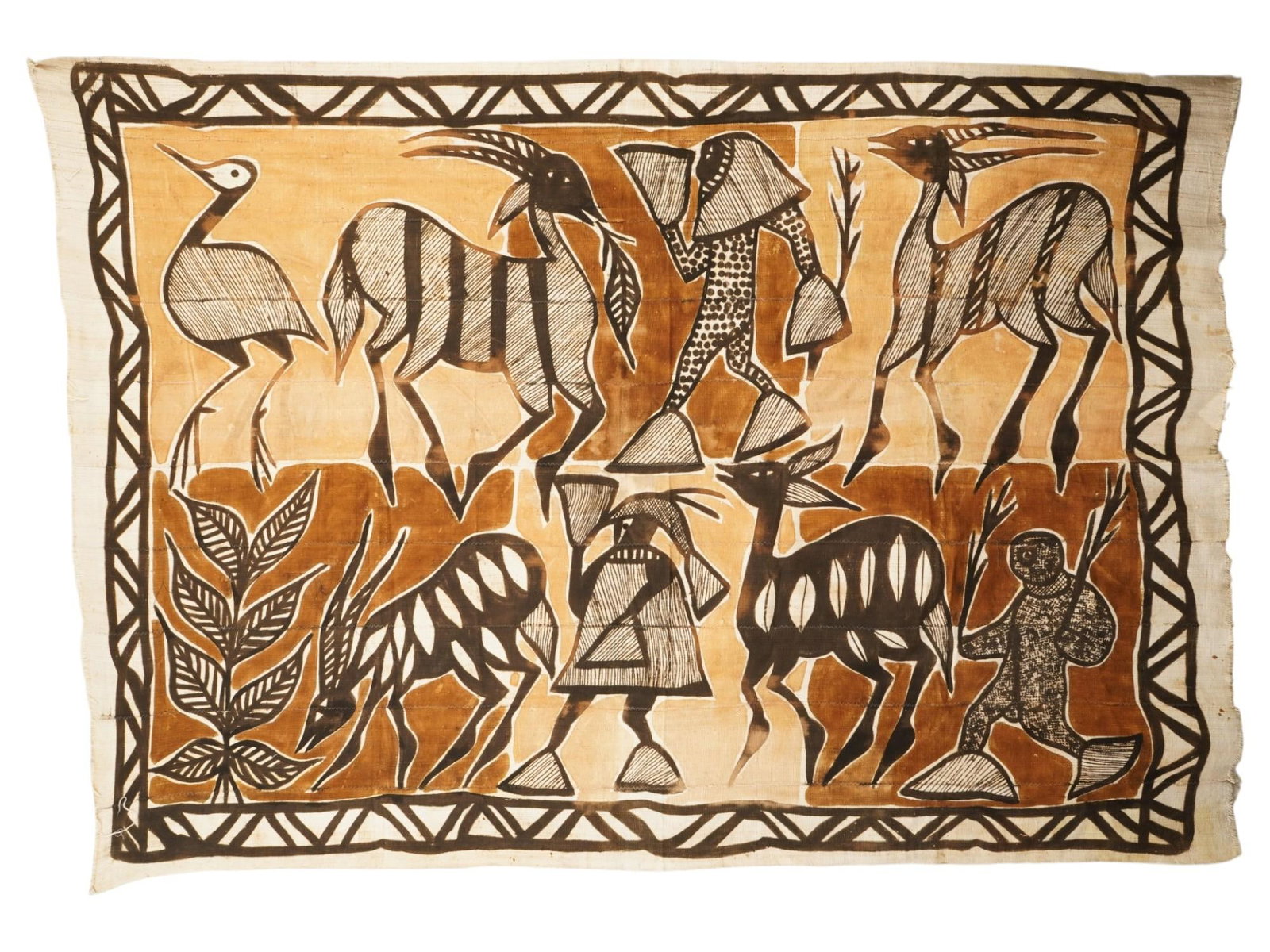 AFRICAN IVORY COAST CLOTH WALL DECORATION OF KORHOGO: An African Ivory Coast cloth wall decoration of Korhogo tribe. The cloth depicts a multi-figure, two-row scene with people, antelopes and birds, executed in ochre-brown tones. Korhogo cloth is a tradi