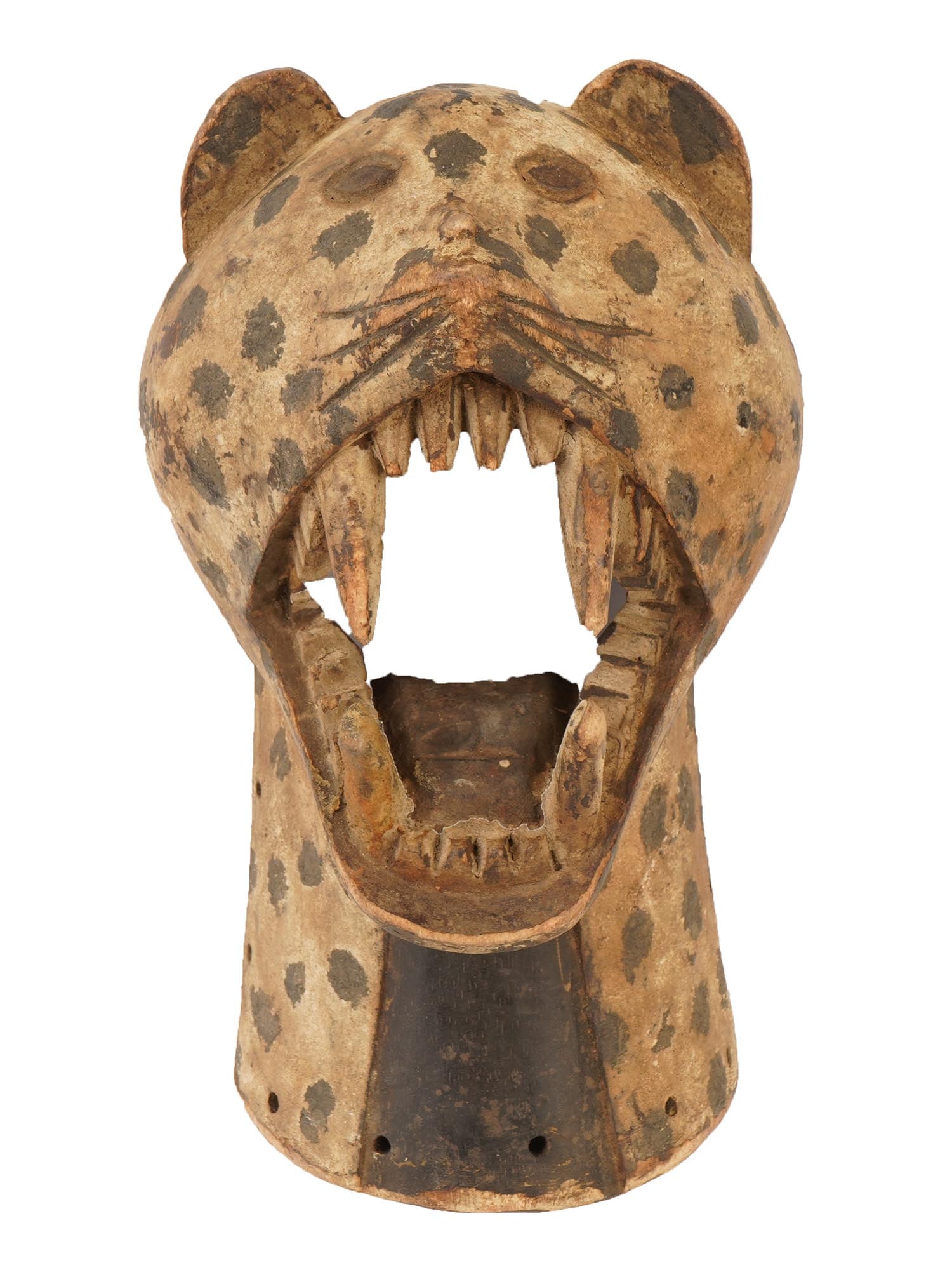 AFRICAN CONGO SONGYE HAND CARVED WOODEN LEOPARD MASK: An African Songye hand carved wooden leopard mask from Congo. The mask has rounded ears and a broad forehead. The primary color is a light tan or beige, heavily covered with black spots designed to mi