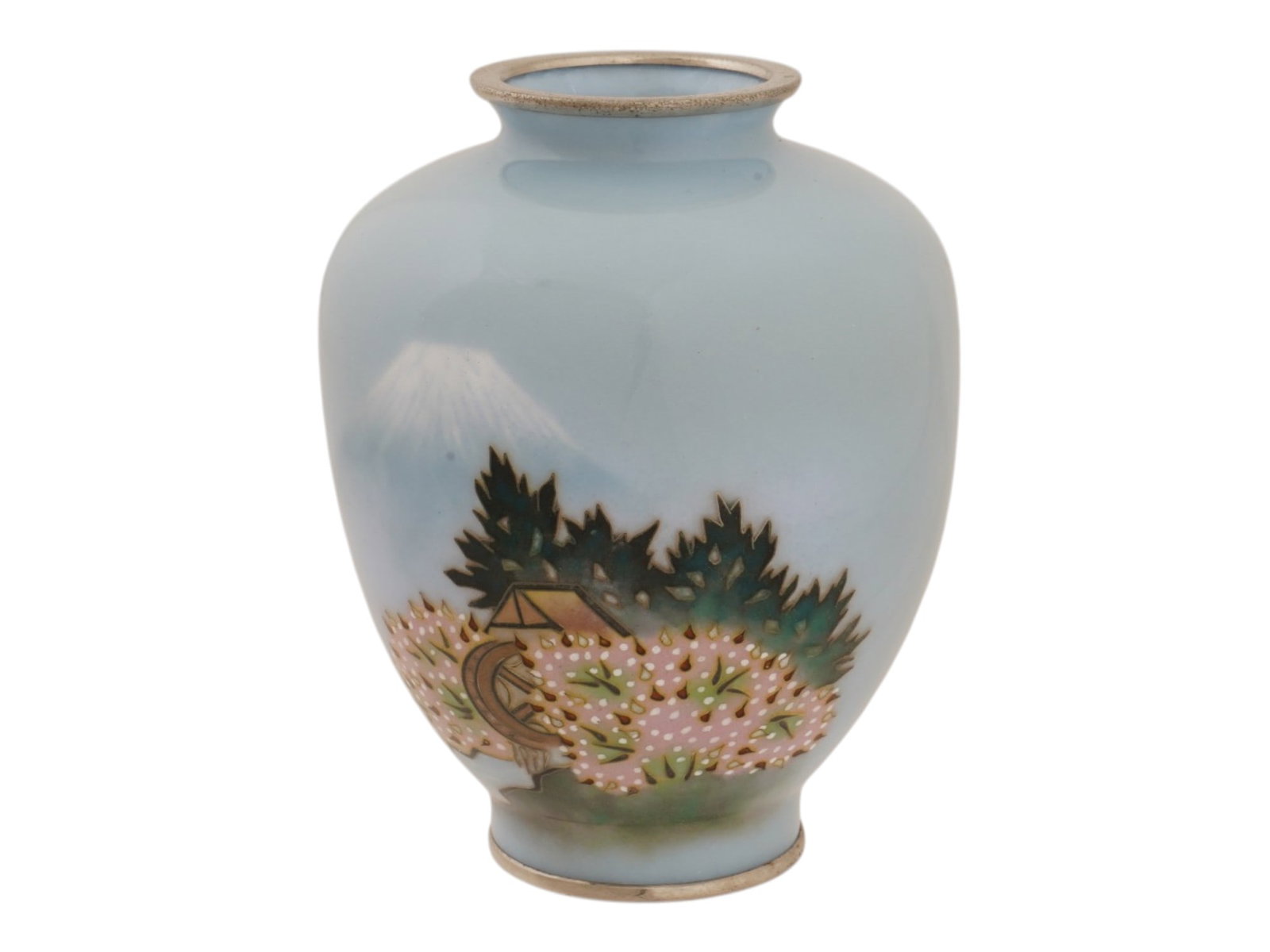 JAPANESE CLOISONNE ENAMEL VASE W MOUNT FUJI LANDSCAPE: A Japanese cloisonne enamel vase. The vase has an ovoid form and features a scenic landscape depicting a snow capped Mount Fuji rising behind a rural landscape with blooming flowers. The vessel is fin