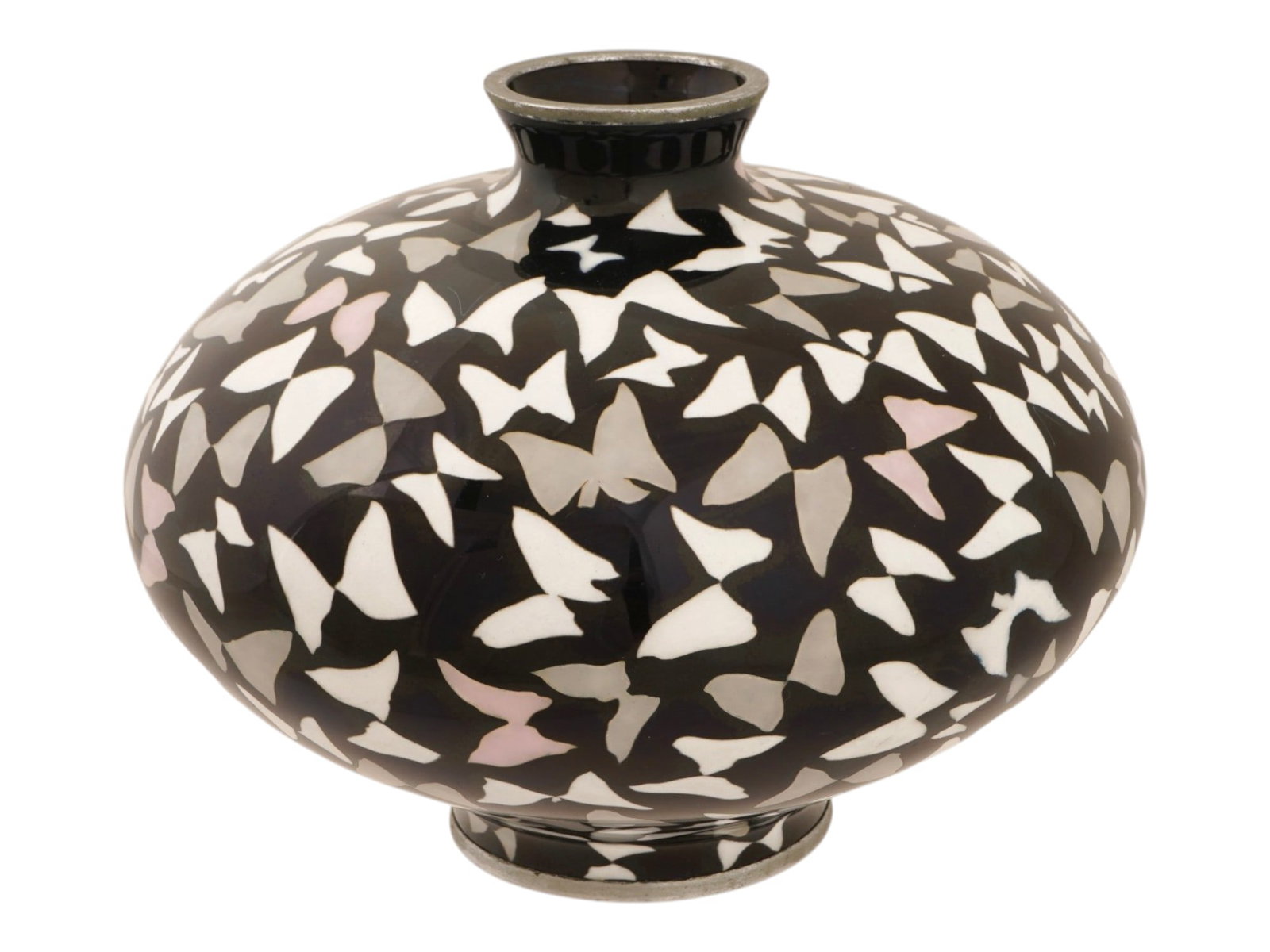ANTIQUE JAPANESE MEIJI CLOISONNE ENAMEL OVOID VASE: An antique Japanese cloisonne enamel ovoid vase dating to the late Meiji period, featuring a deep mirror-black ground densely decorated with overlapping butterflies in soft white, cream, light grey, a