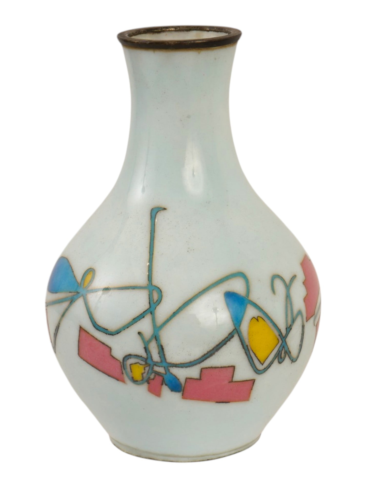 JAPANESE SHOWA ABSTRACT CLOISONNE ENAMEL VASE: A vintage Japanese enameled copper vase. Showa era, mid-20th century. Bottle-shaped piece worked in copper wire and various colored cloisonne enamels on a pale milky-blue ground with an abstract desig