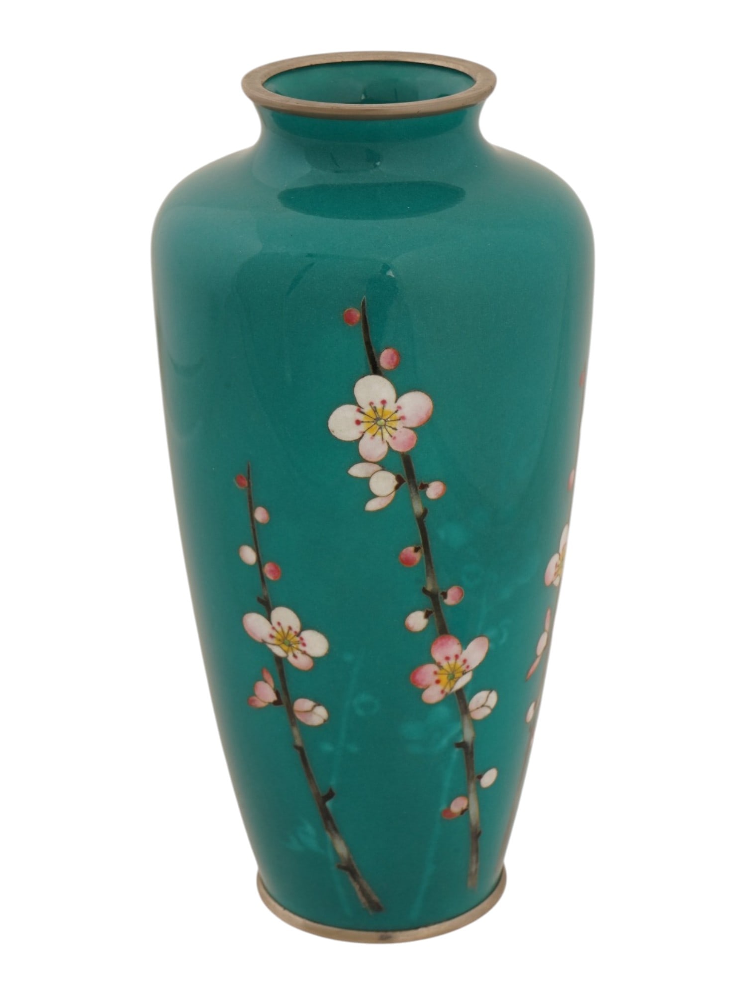 JAPANESE CLOISONNE ENAMEL VASE BY INABA KYOTO: A Japanese cloisonne enamel vase by the Inaba Company of Kyoto. The vase features a vibrant teal green ground decorated with flowering plum blossom branches. The delicate wirework outlines the white a