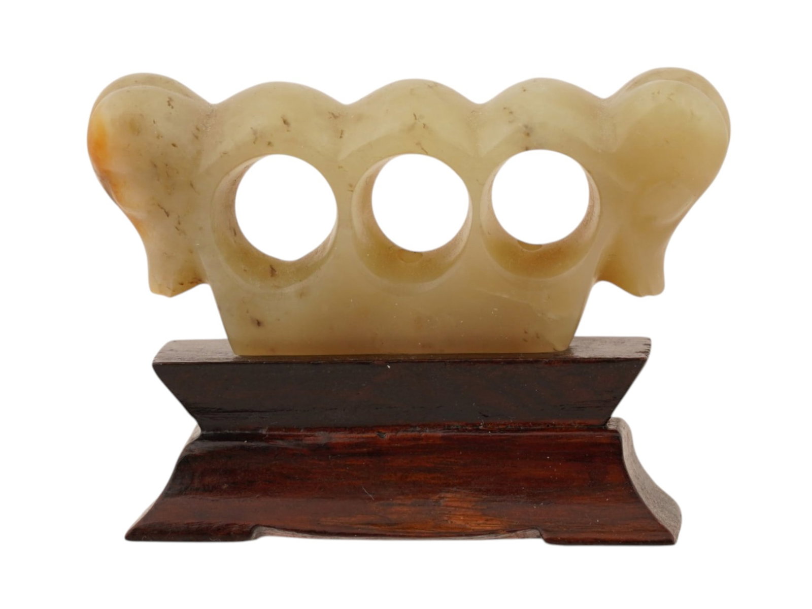 ANTIQUE CHINESE THREE HOLED JADE COMB W WOOD STAND: An antique Chinese three holed jade comb ornament originating from the late Hongshan Culture. The flat bottom ridge typically features small, drilled holes used to attach separate bone or wooden teeth
