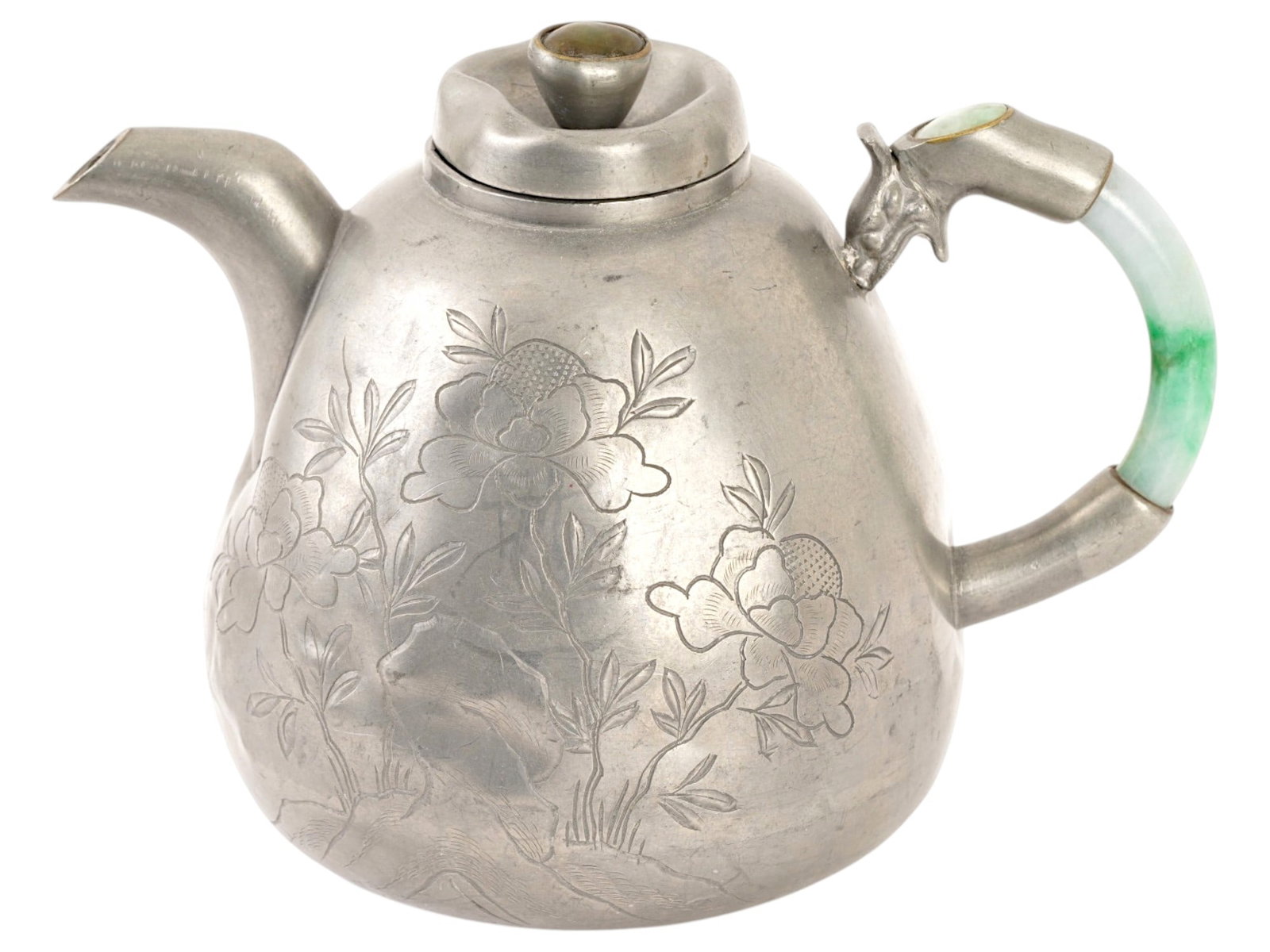 CHINESE REPUBLIC PERIOD PEWTER POT W JADE HANDLE (1 of 8)
