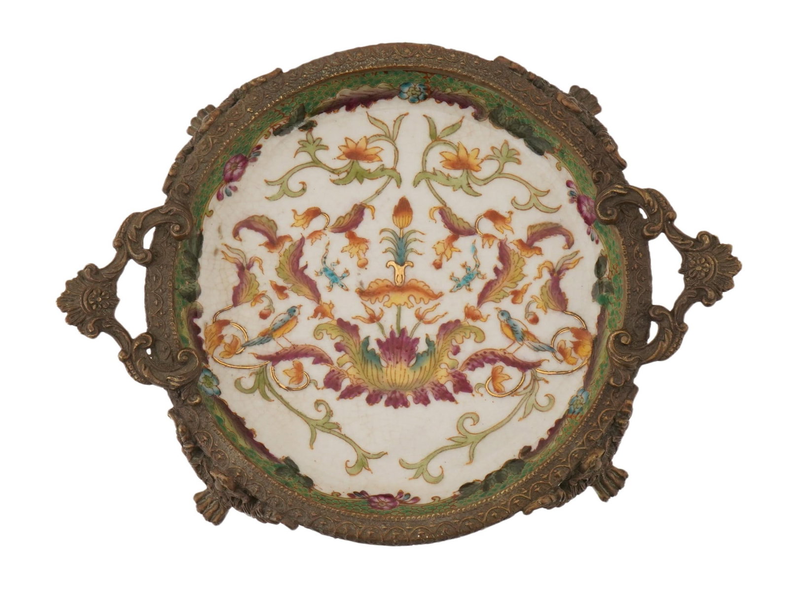 CHINESE FOOTED PORCELAIN AND GILT BRONZE SOAP DISH: An antique Chinese porcelain tray or soap dish with porcelain bronze mounted feet in the Hua Rong Tang Zhi manner. The piece consists of a hand painted porcelain insert and an openwork frame body with