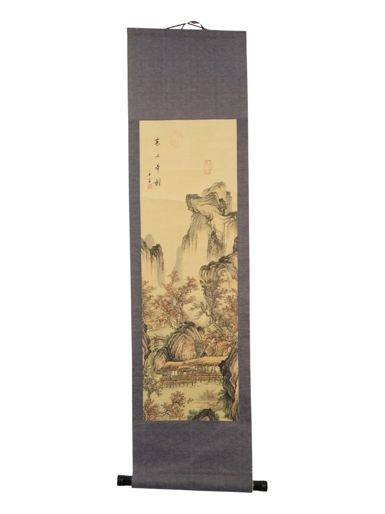 CHINESE SHAN SHUI LANDSCAPE WATERCOLOR SCROLL PAINTING: A Chinese watercolor and ink painting on paper. Shan shui genre, river mountain landscape with cherry blossoms. Signature and artist's seal upper left. Yisebiao, one color mount. Wooden bars with susp