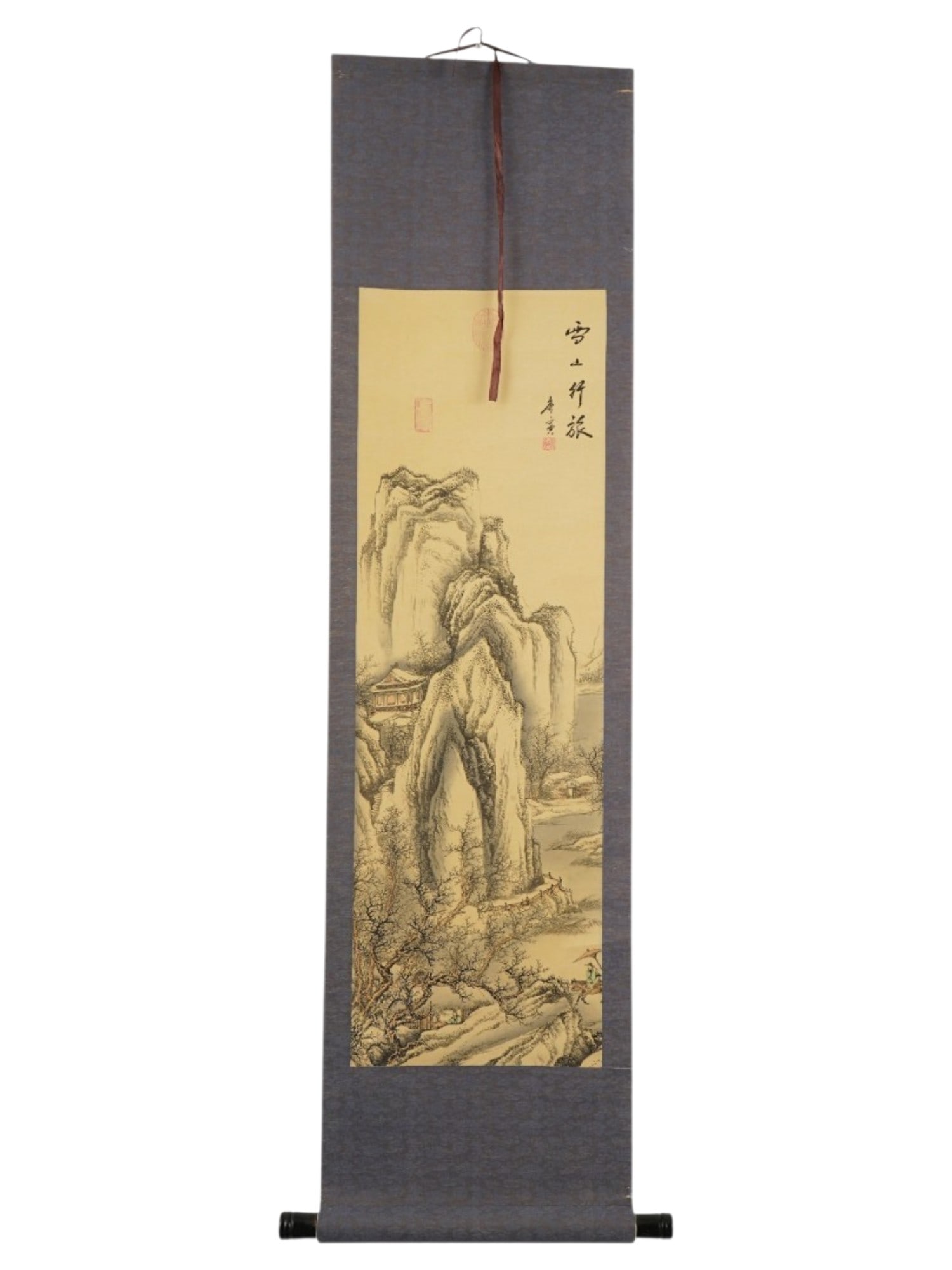 CHINESE SHAN SHUI LANDSCAPE WATERCOLOR SCROLL PAINTING: A Chinese watercolor and ink painting on paper. Shan Shui genre, river mountain landscape with trees. Signature and artists seal upper right. Wooden bars with suspension. Collectible Oriental Asian Fi