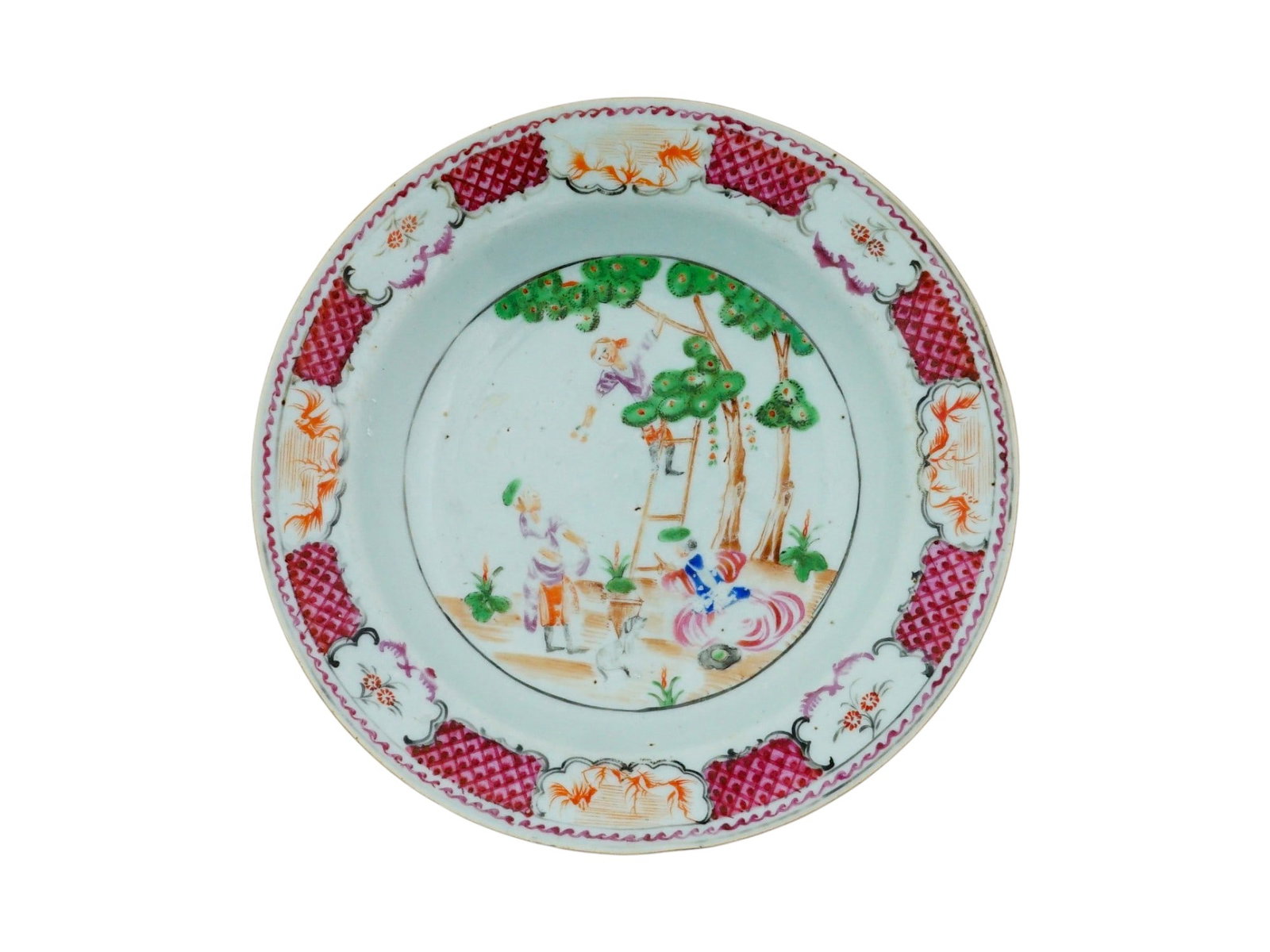 ANTIQUE 18TH C CHINESE EXPORT IMARI PORCELAIN PLATE: An antique Chinese hand-painted porcelain plate in Imari style. Qing dynasty, late 18th century. The center depicts a multi-figure fruit picking scene. Ornamented border. Unmarked. Imari ware is a Wes