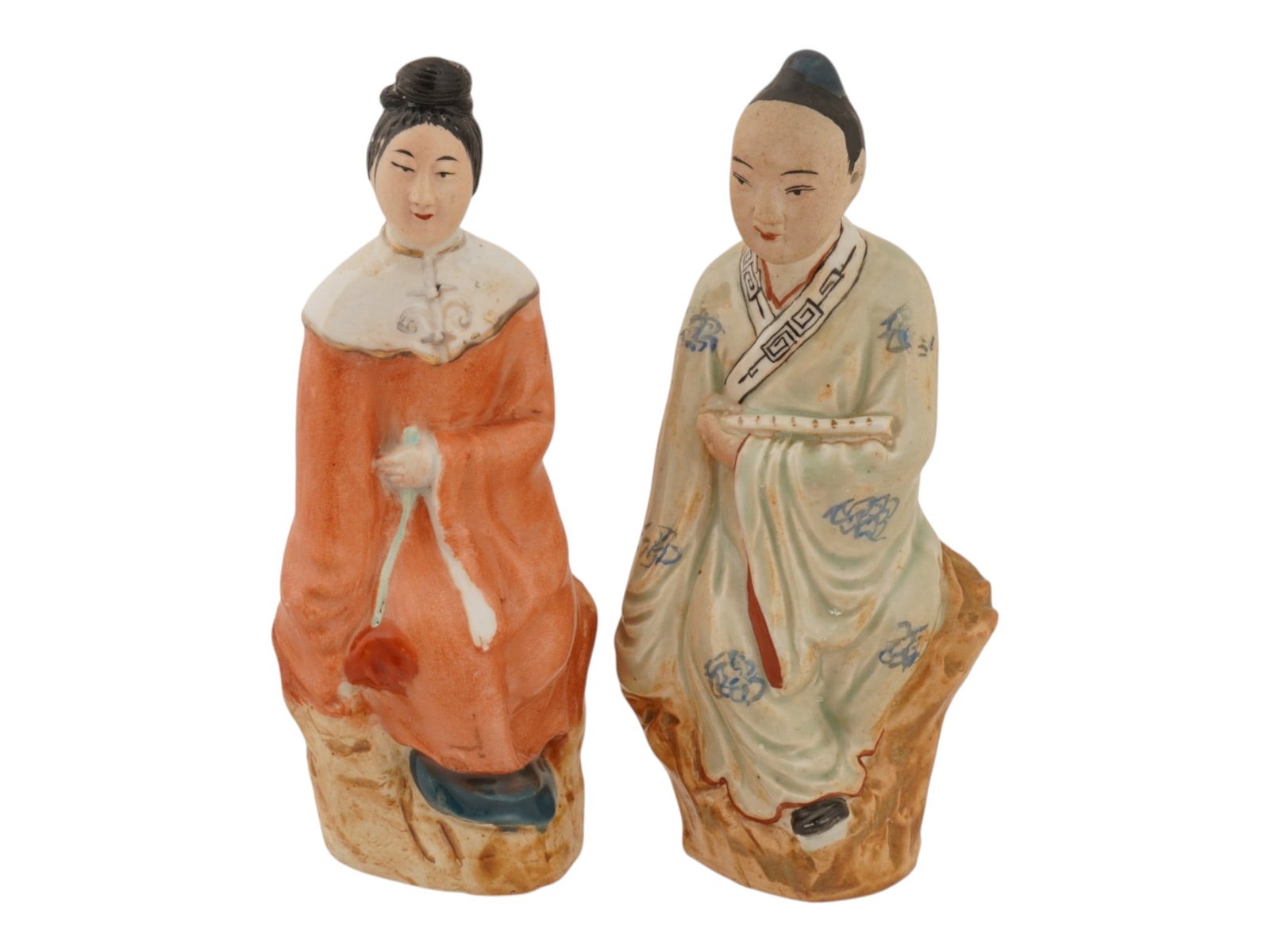 PAIR OF CHINESE REPUBLIC PORCELAIN FIGURINES MARKED: A pair of Chinese hand-painted porcelain figurines. Republic of China, 1912 to 1949. The pieces represent seated male and female figures in traditional attire. Embossed stamps Zhou Hexing and hallmark