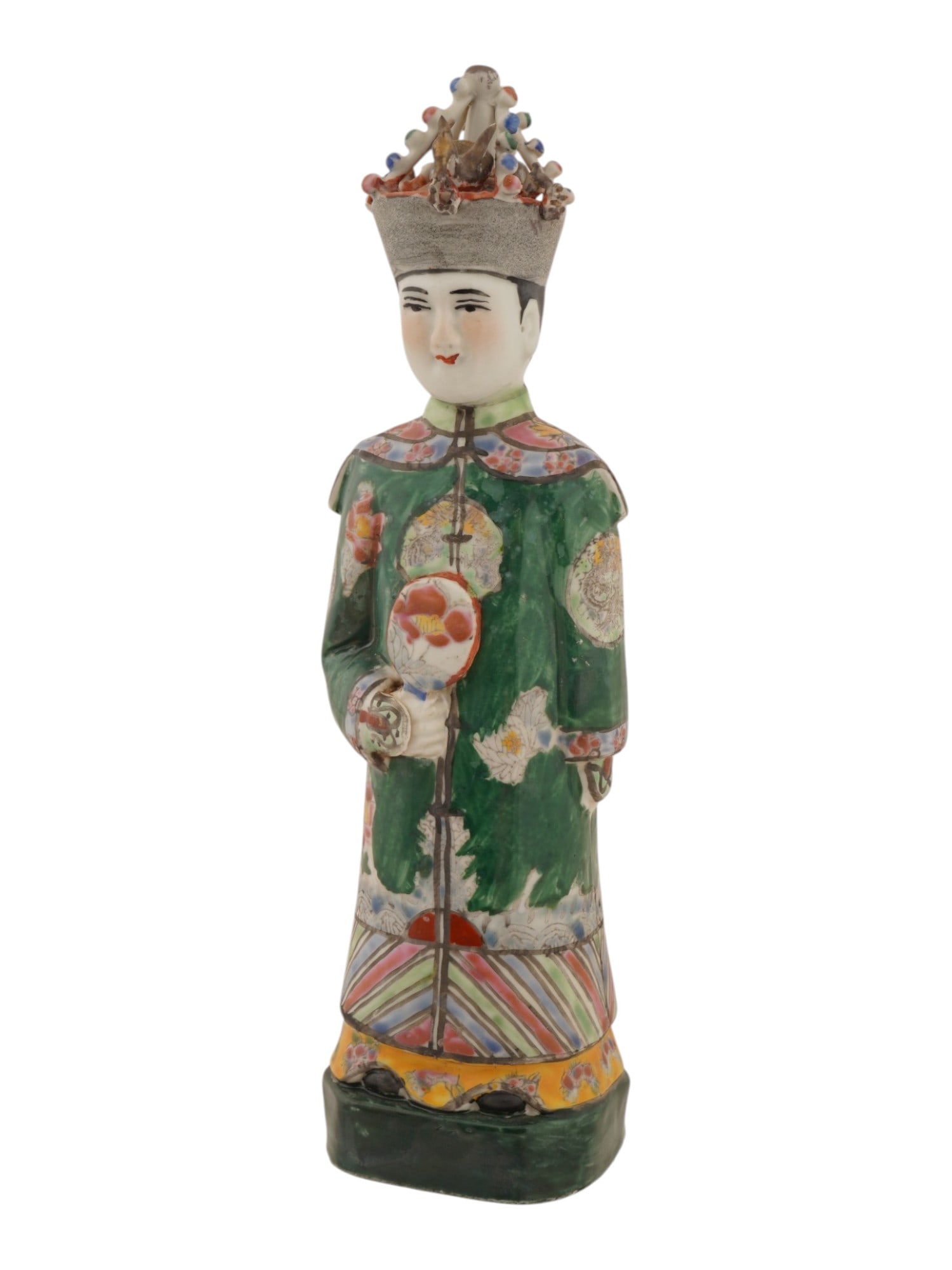 ANTIQUE CHINESE QING PORCELAIN EMPRESS FIGURINE MARKED: An antique Chinese hand-painted porcelain figurine. Late Qing dynasty, before 1912. Standing royal female figure in green gown holding a fan, either representing Empress Xiaoshengxian or Empress Dowag